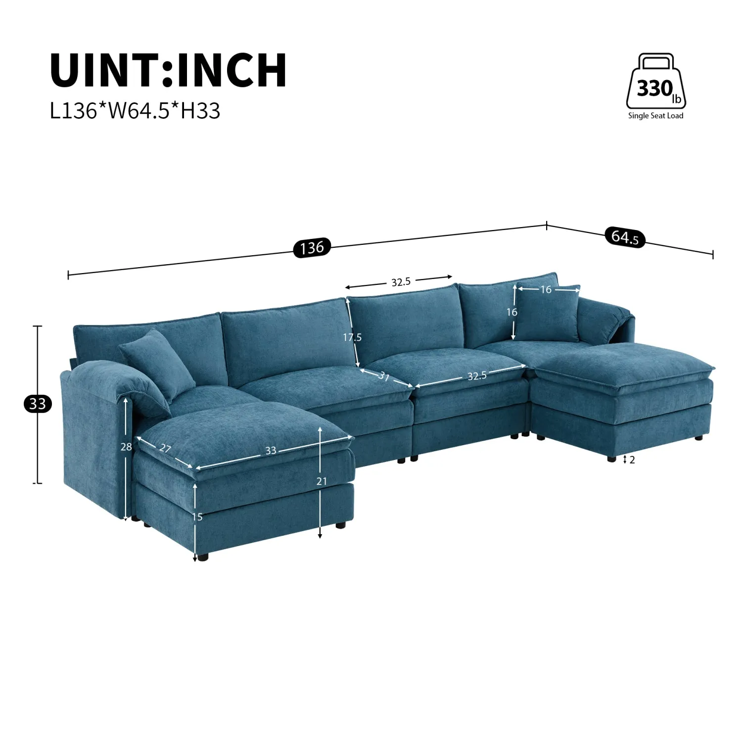 Streamdale 136" Chenille U-Shaped Sectional Sofa with Ottomans