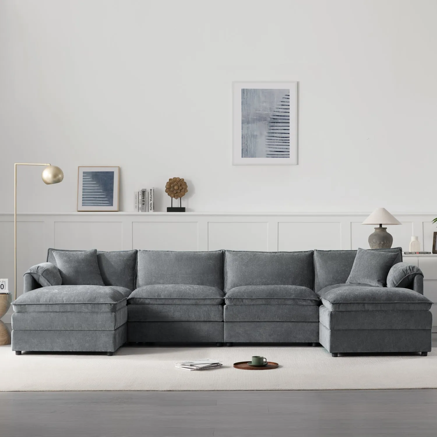 Streamdale 136" Chenille U-Shaped Sectional Sofa with Ottomans