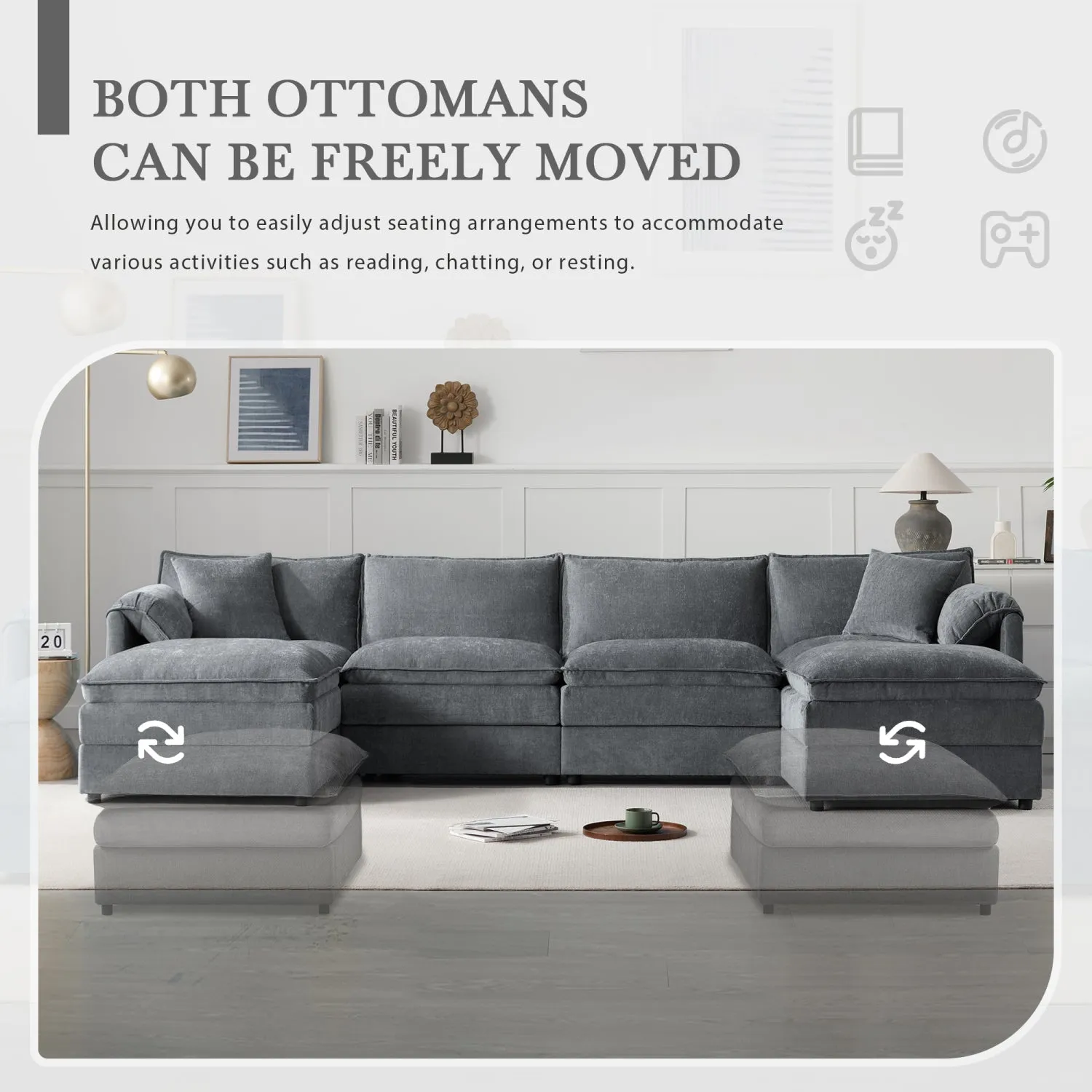 Streamdale 136" Chenille U-Shaped Sectional Sofa with Ottomans