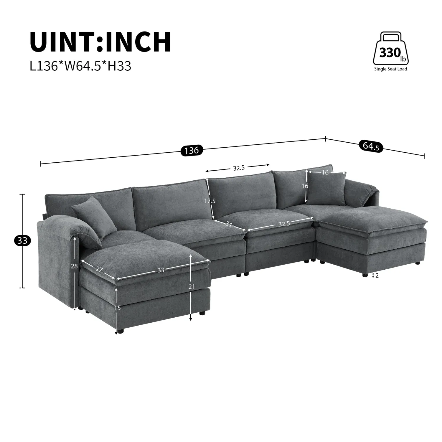 Streamdale 136" Chenille U-Shaped Sectional Sofa with Ottomans
