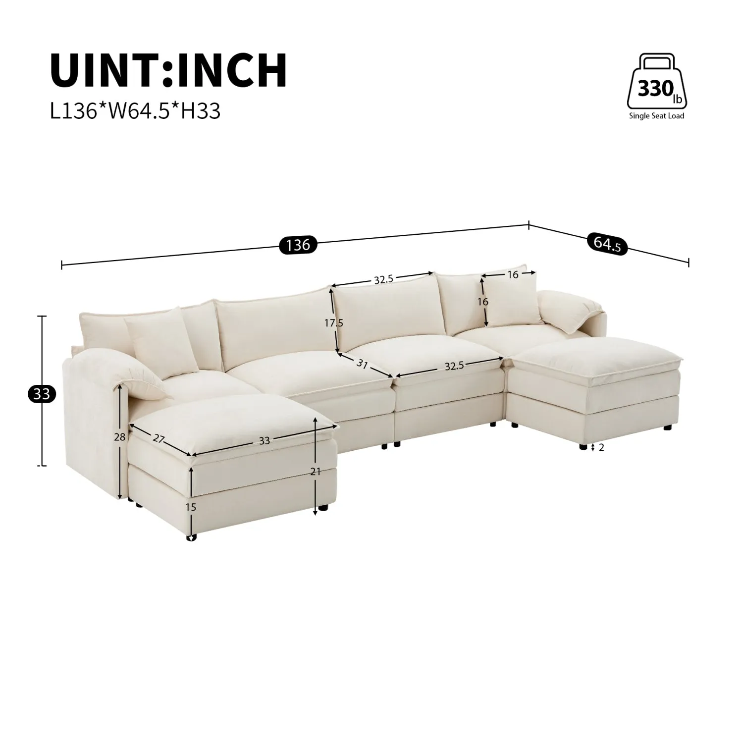 Streamdale 136" Chenille U-Shaped Sectional Sofa with Ottomans