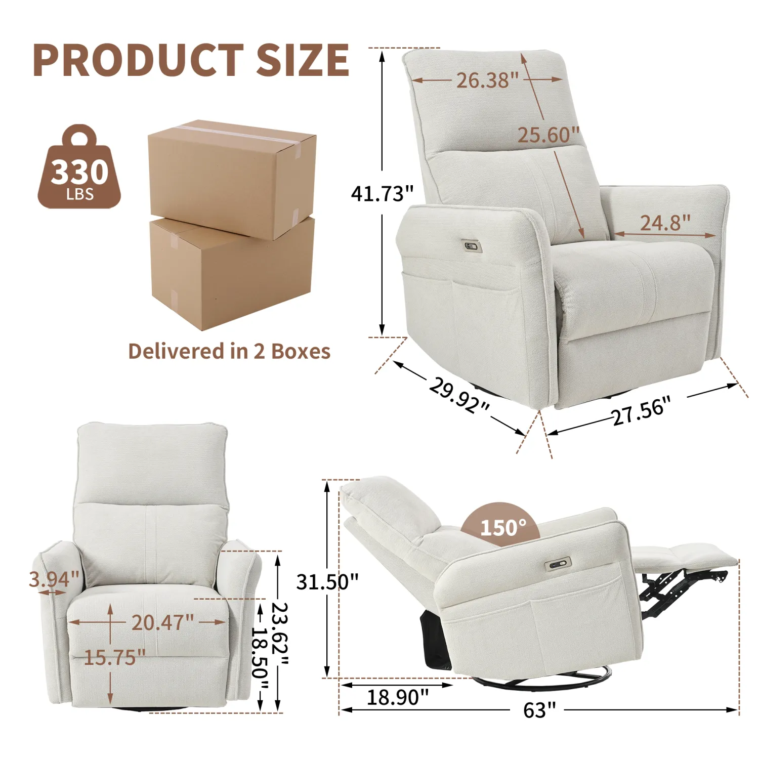 Streamdale 270 Swivel Rocker Recliner, Small Space Sofa, Fabric Gray