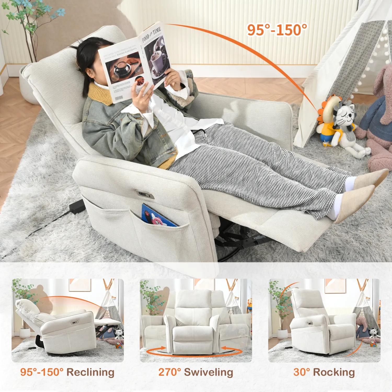 Streamdale 270 Swivel Rocker Recliner, Small Space Sofa, Fabric Gray