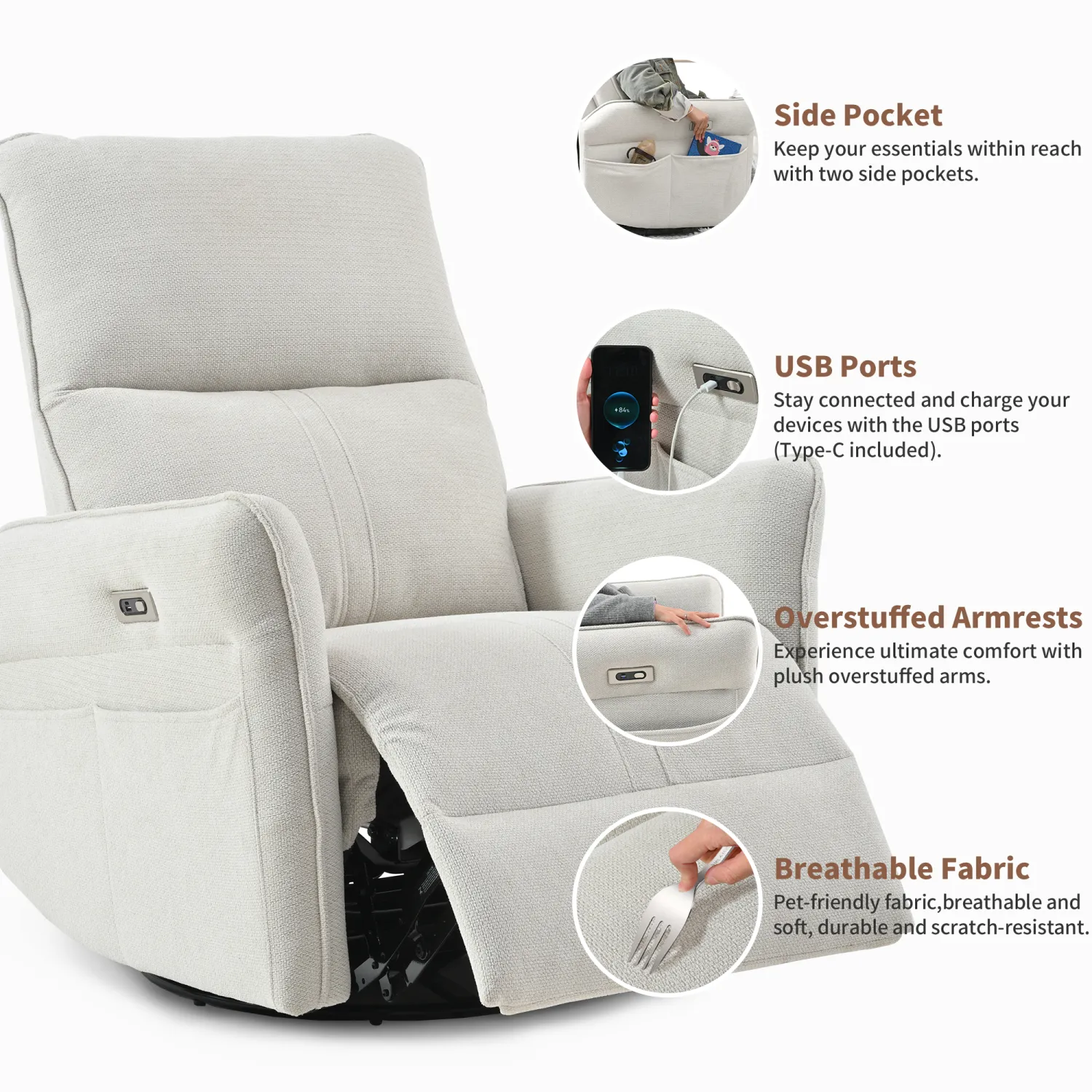 Streamdale 270 Swivel Rocker Recliner, Small Space Sofa, Fabric Gray
