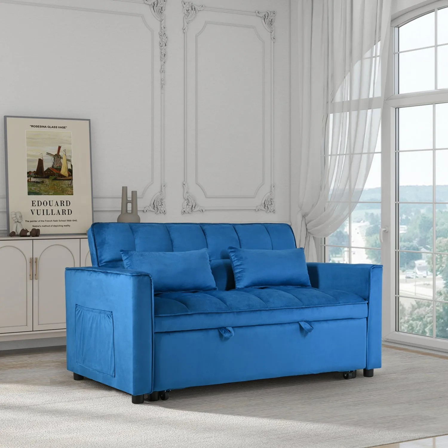 Streamdale 3-in-1 Convertible Sofa Bed with Reclining Back (Blue)