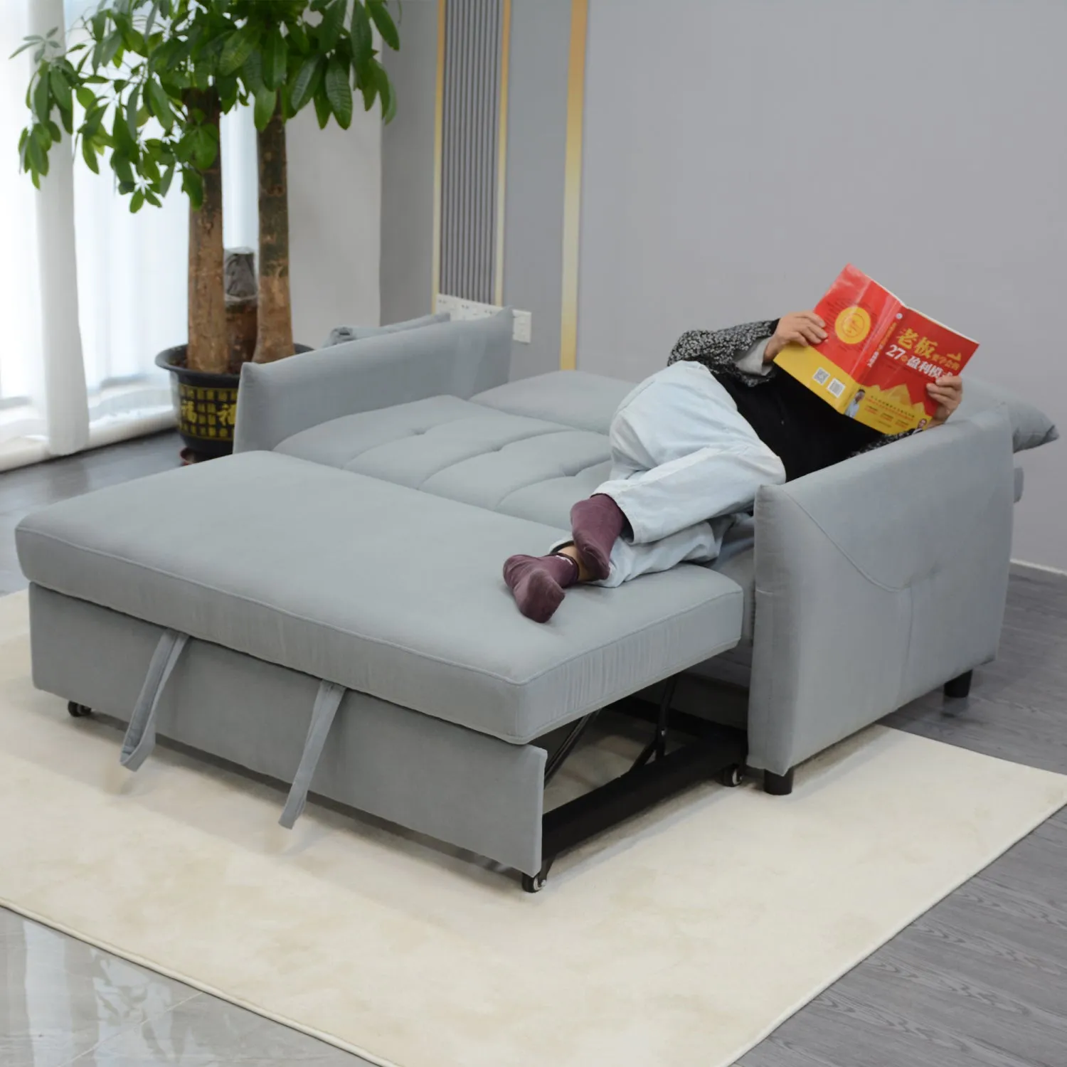 Streamdale 3-in-1 Light Blue Velvet Sleeper Sofa with Storage