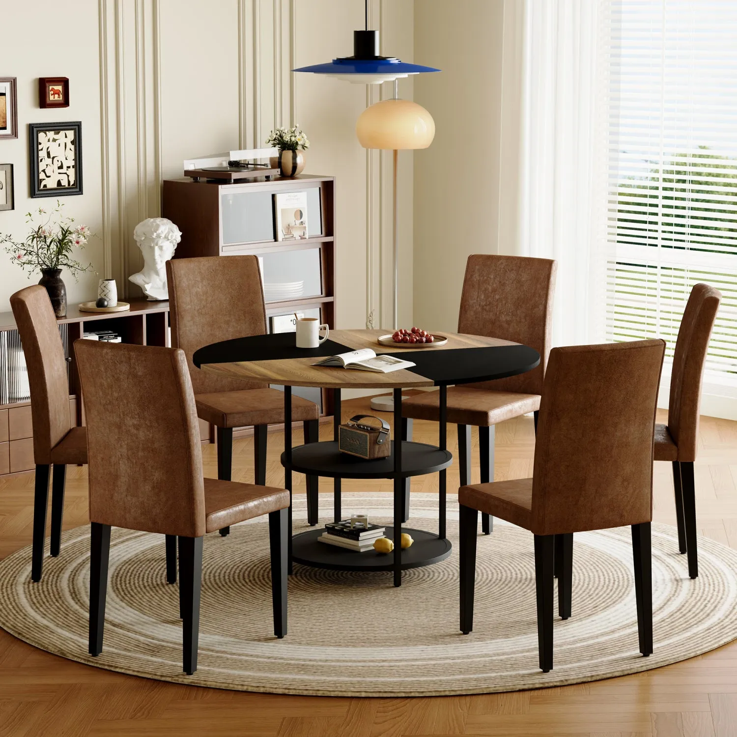 Streamdale 47" Round Dining Set: Table with Storage & 6 Brown Chairs