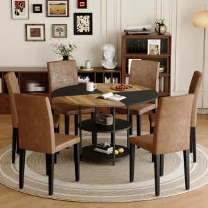 Streamdale 47" Round Dining Set: Table with Storage & 6 Brown Chairs