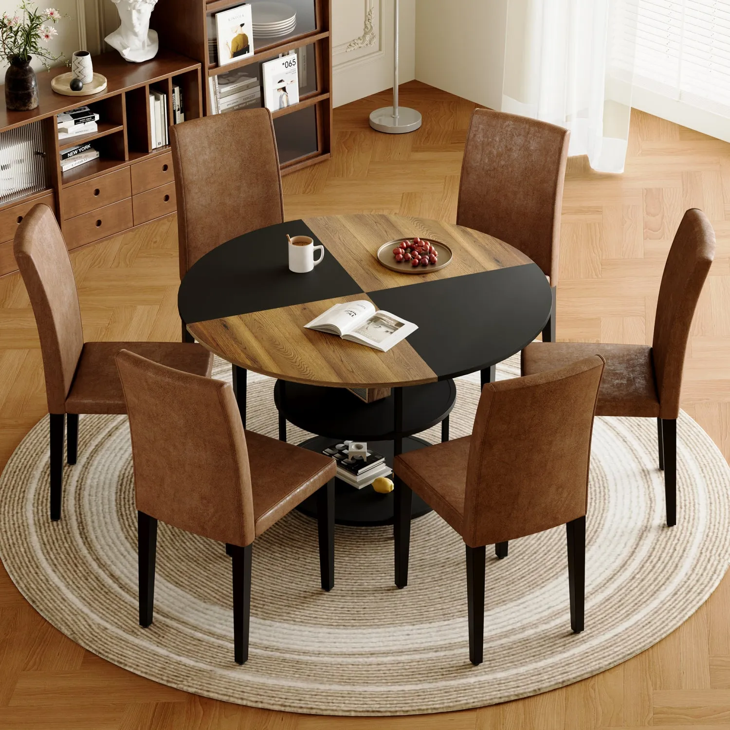 Streamdale 47" Round Dining Set: Table with Storage & 6 Brown Chairs