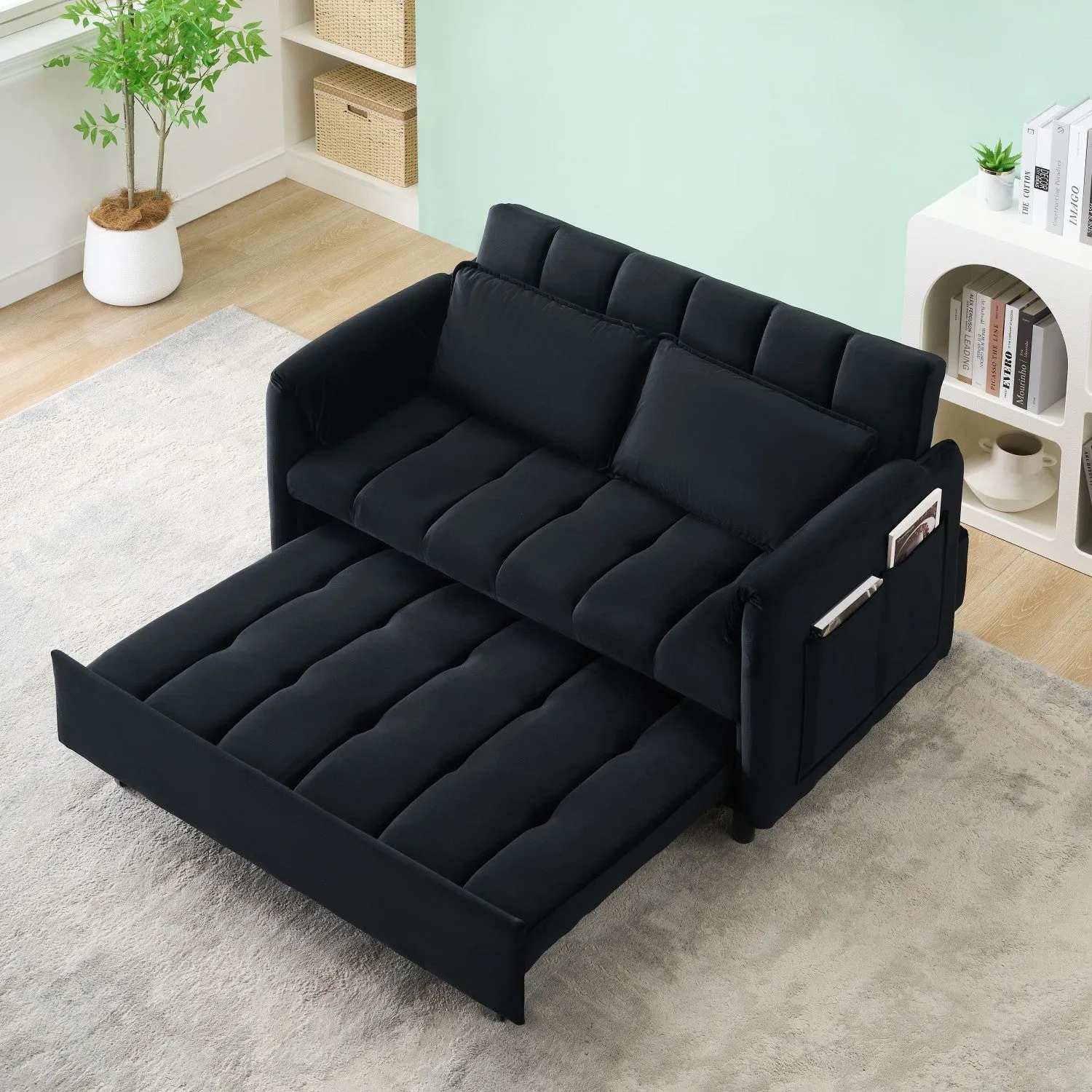 Streamdale 52" Black Velvet Sleeper Sofa with Pillows & Pockets