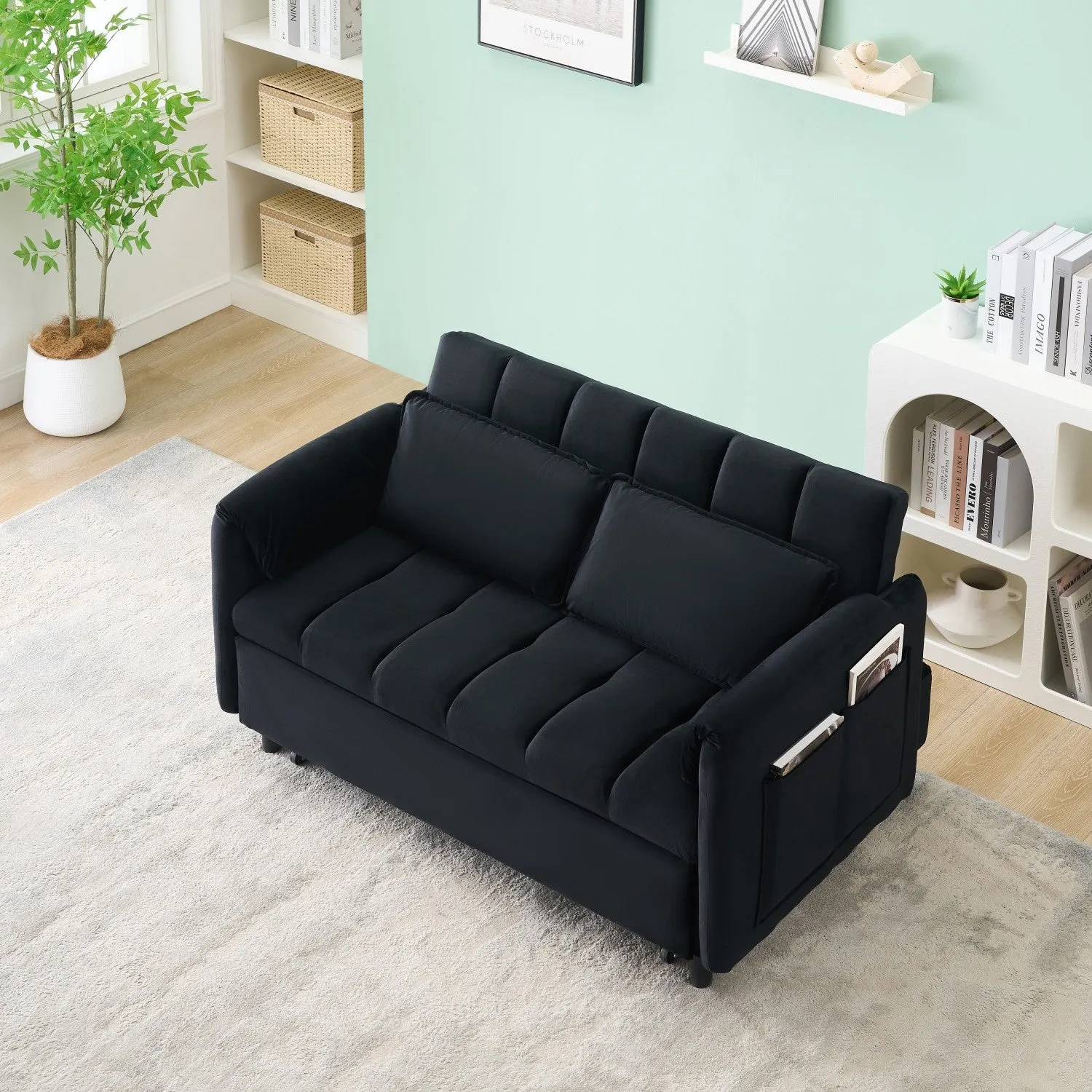 Streamdale 52" Black Velvet Sleeper Sofa with Pillows & Pockets