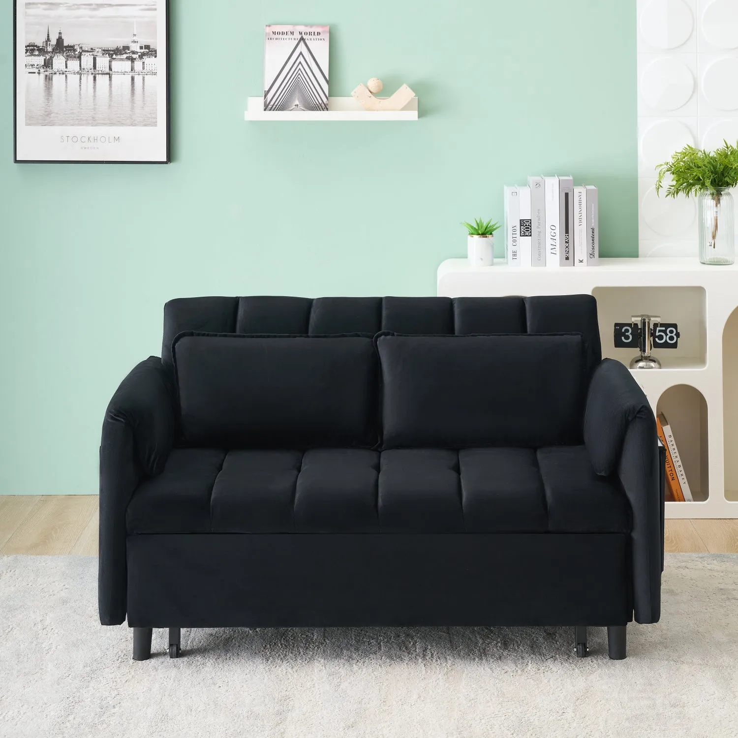Streamdale 52" Black Velvet Sleeper Sofa with Pillows & Pockets