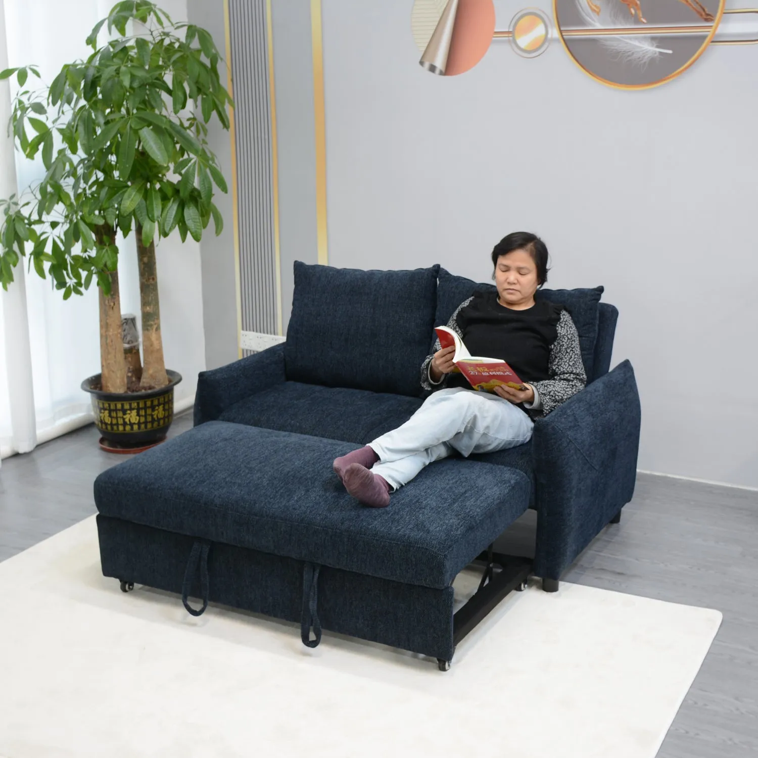 Streamdale 58" Navy Fabric Futon Sofa Bed - Adjustable Backrest