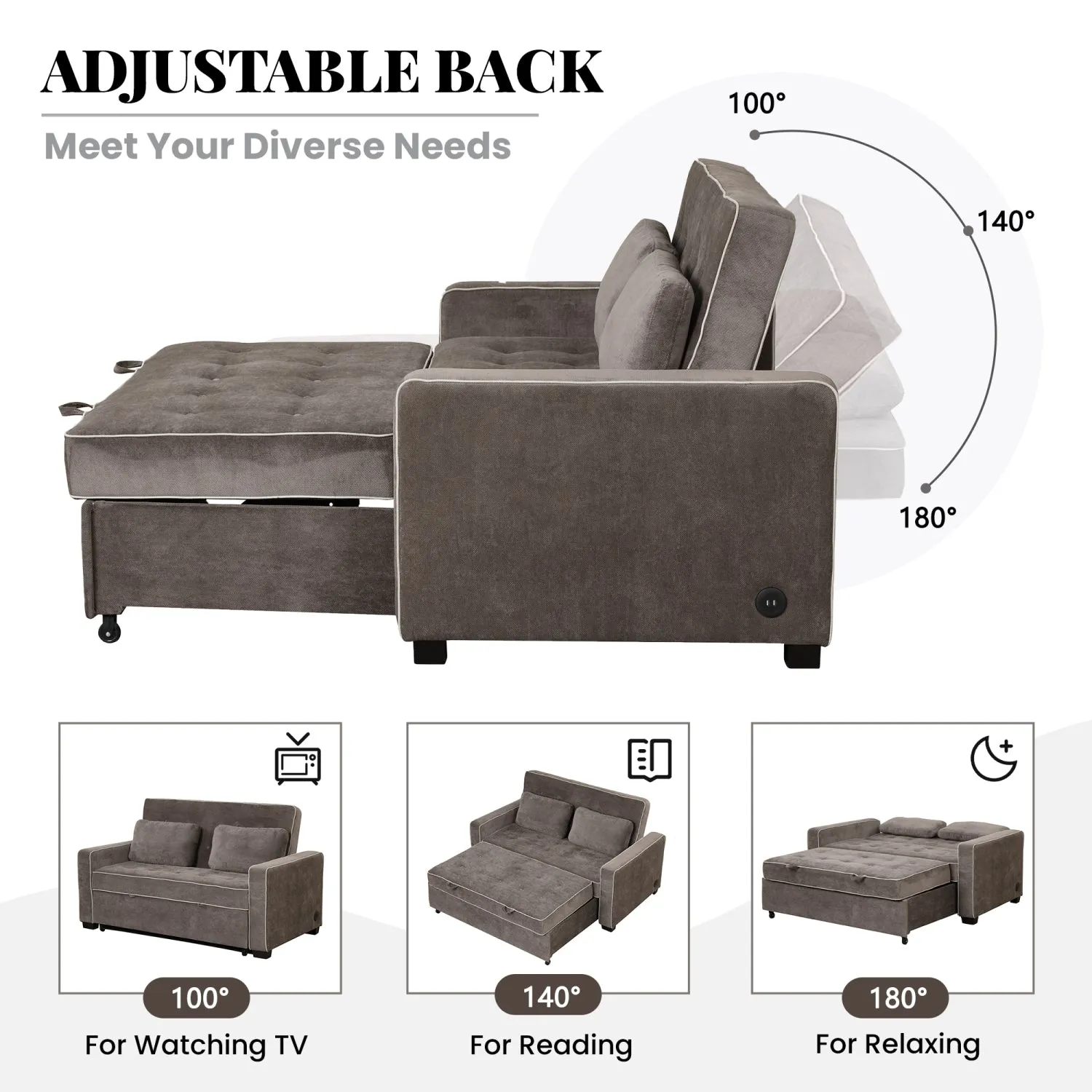 Streamdale 61.4" Sleeper Sofa Bed with USB & Pillows