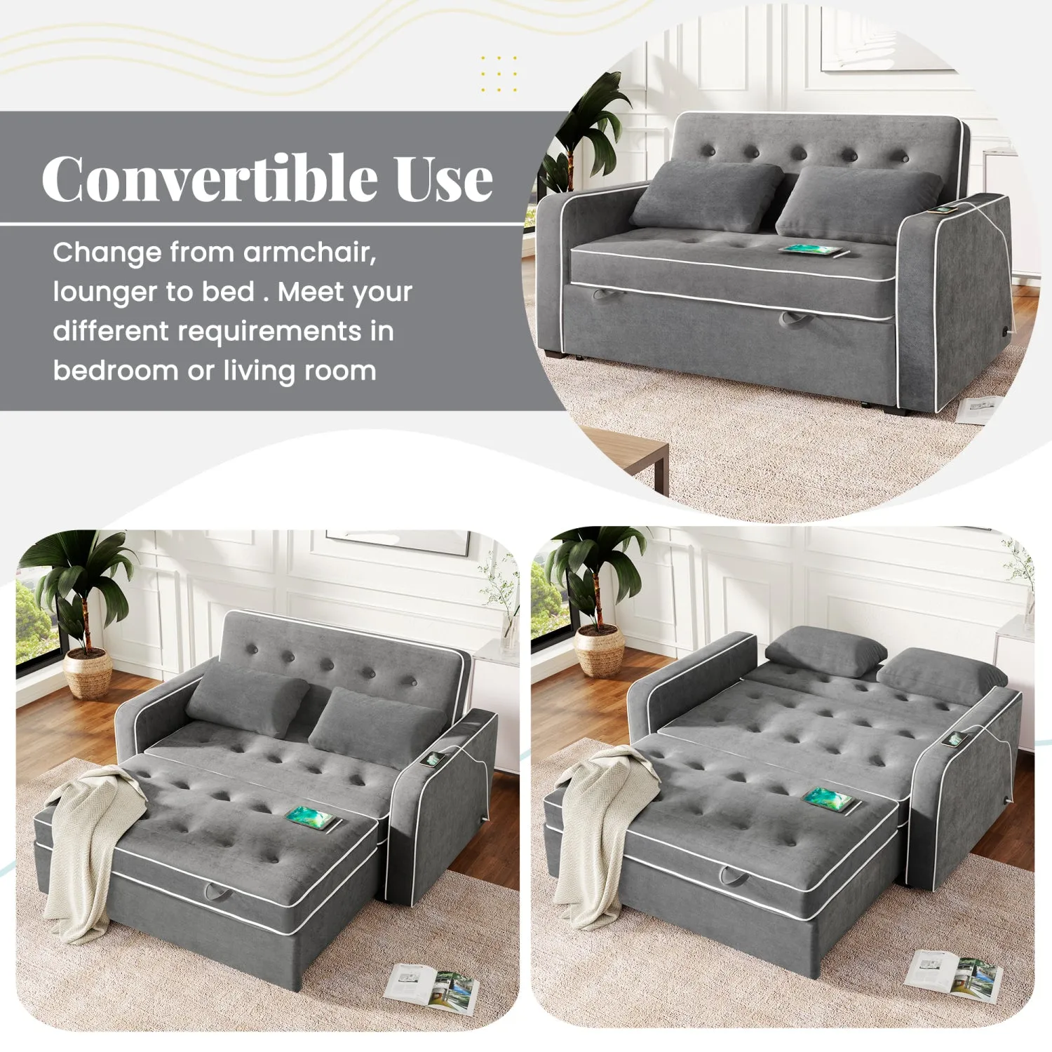 Streamdale 61.4" Sleeper Sofa Bed with USB & Pillows