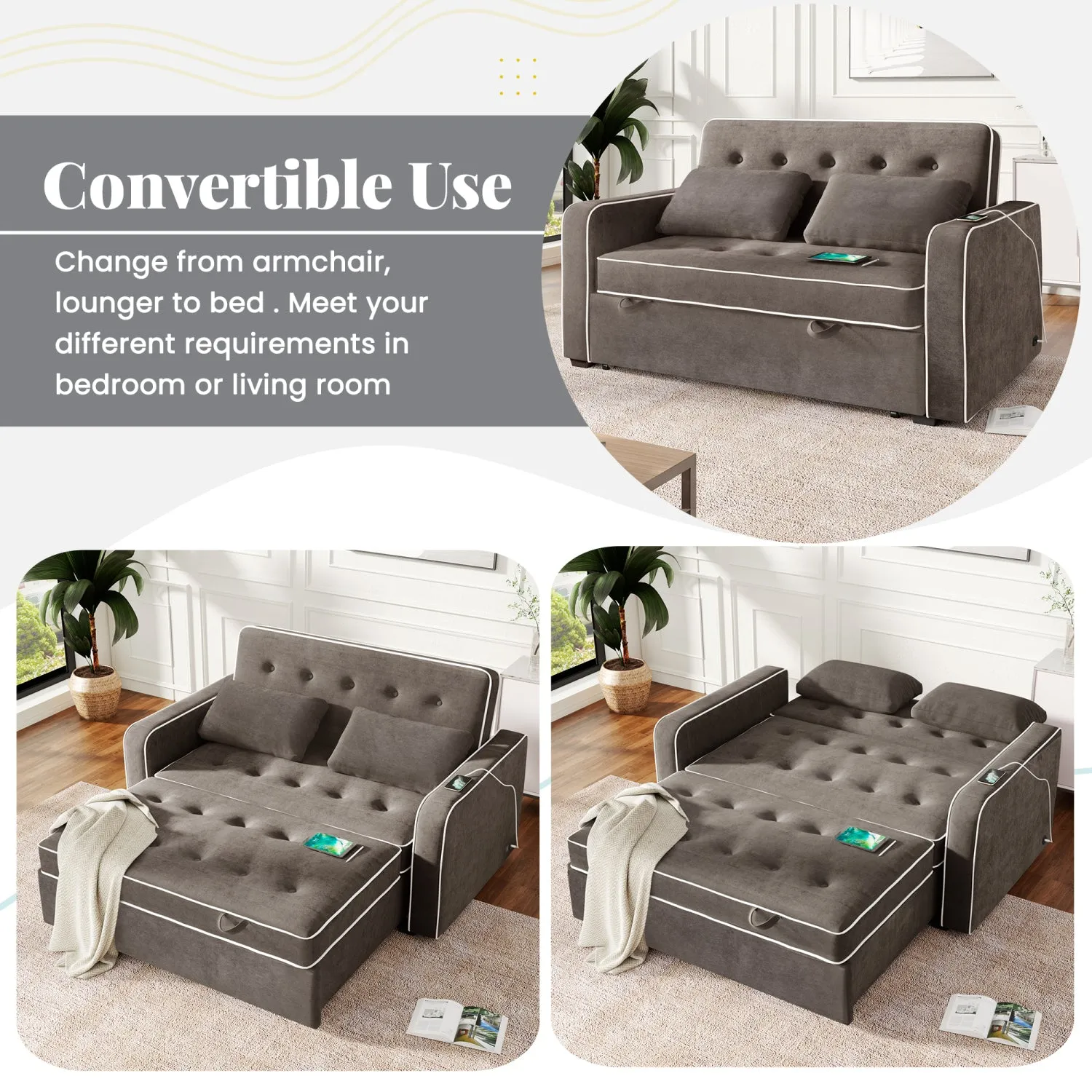 Streamdale 61.4" Sleeper Sofa Bed with USB & Pillows