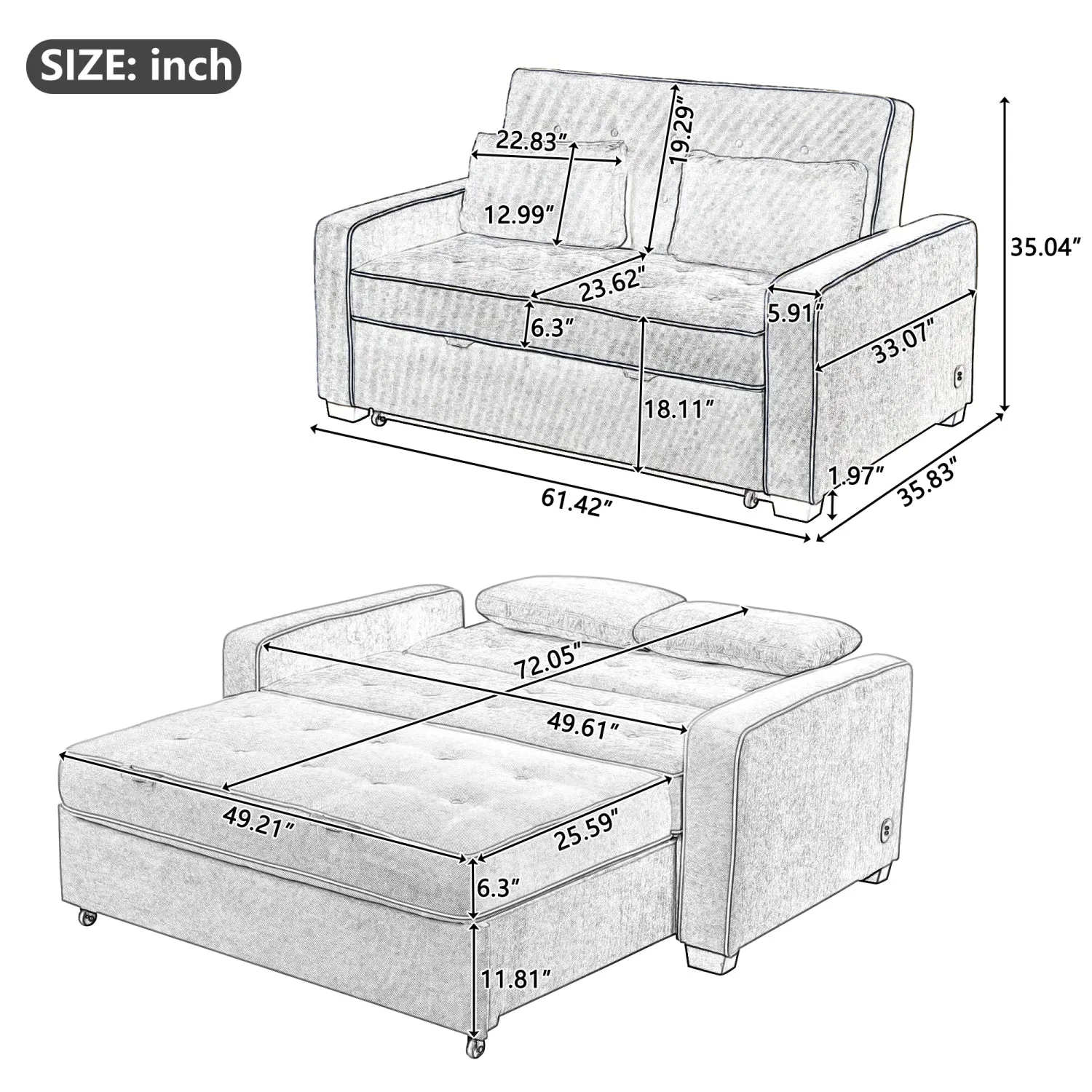 Streamdale 61.4" Sleeper Sofa Bed with USB & Pillows