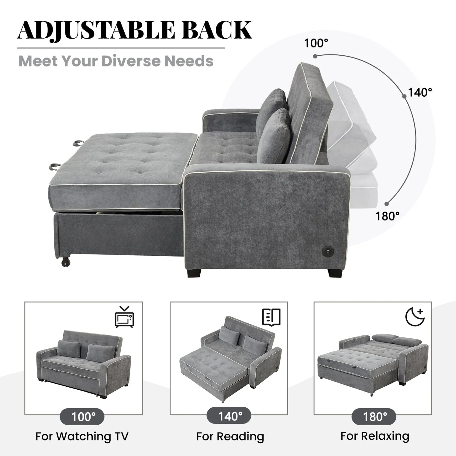 Streamdale 61.4" Sleeper Sofa Bed with USB & Pillows
