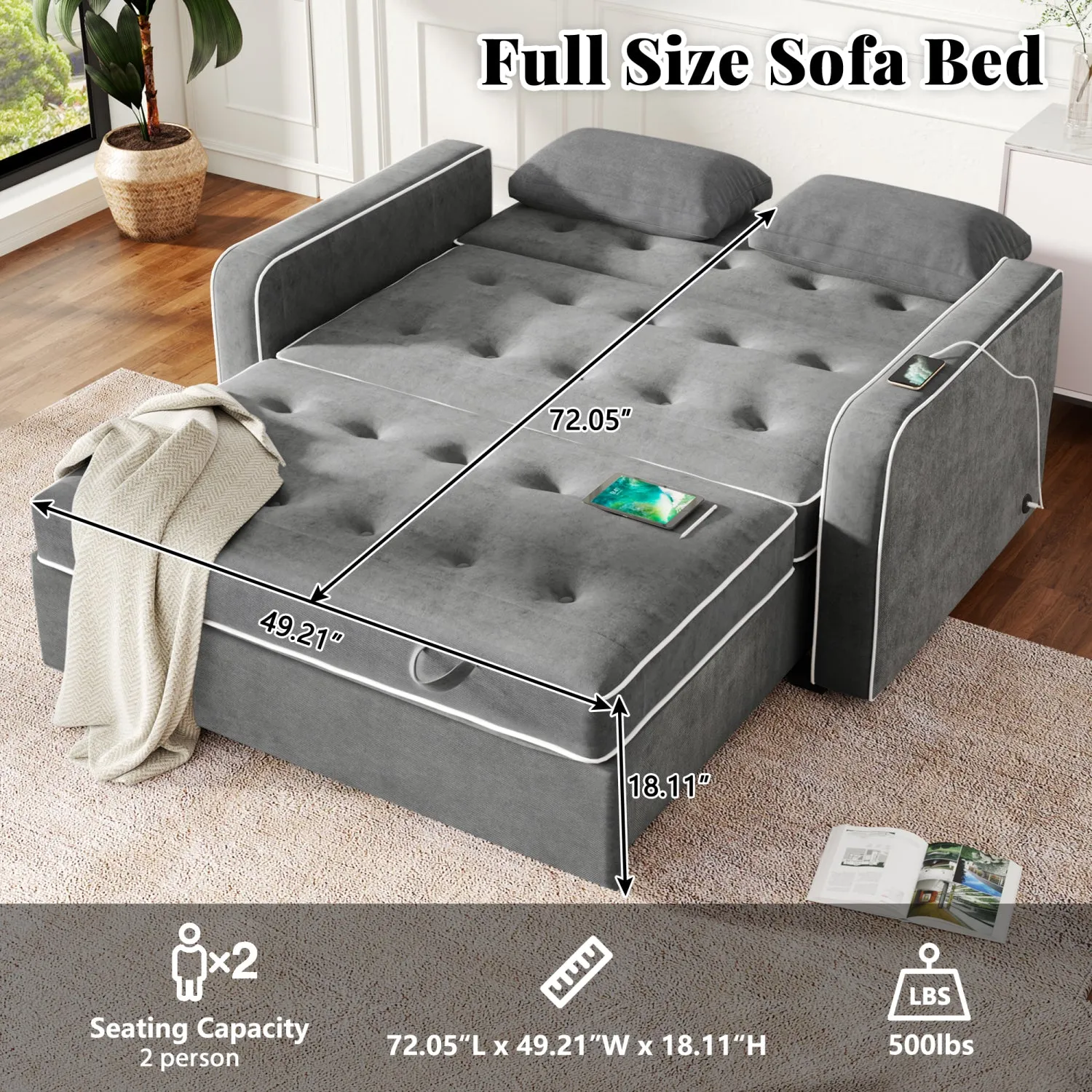 Streamdale 61.4" Sleeper Sofa Bed with USB & Pillows