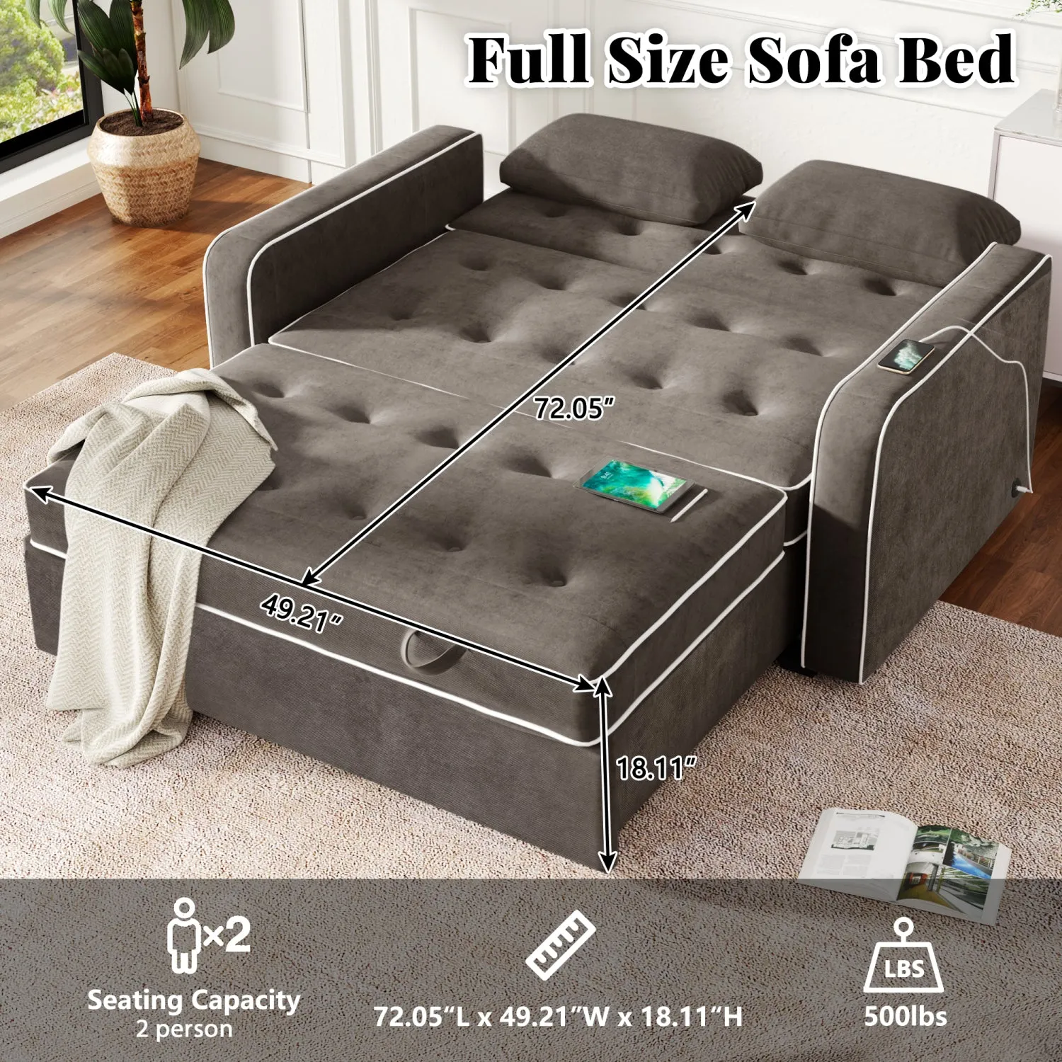 Streamdale 61.4" Sleeper Sofa Bed with USB & Pillows