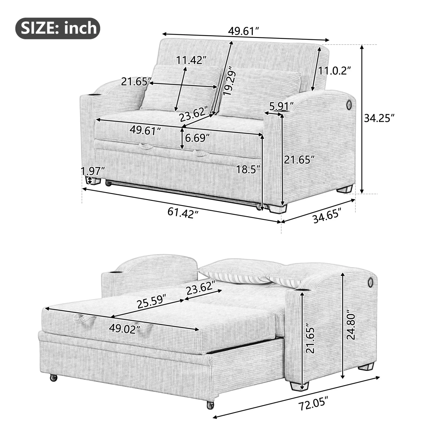 Streamdale 61.6" Pull Out Sofa Bed Loveseat with USB & Cup Holders