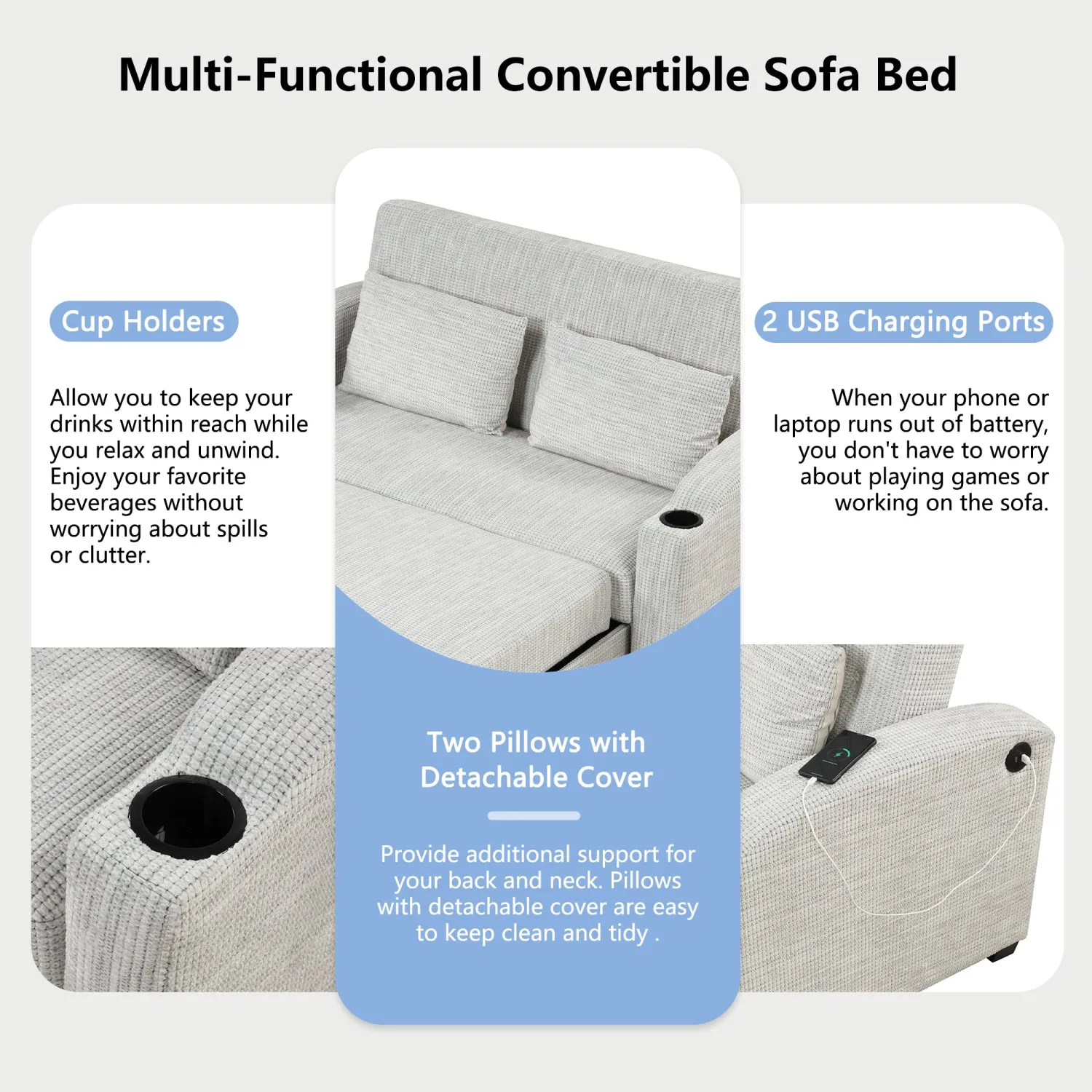Streamdale 61.6" Pull Out Sofa Bed Loveseat with USB & Cup Holders