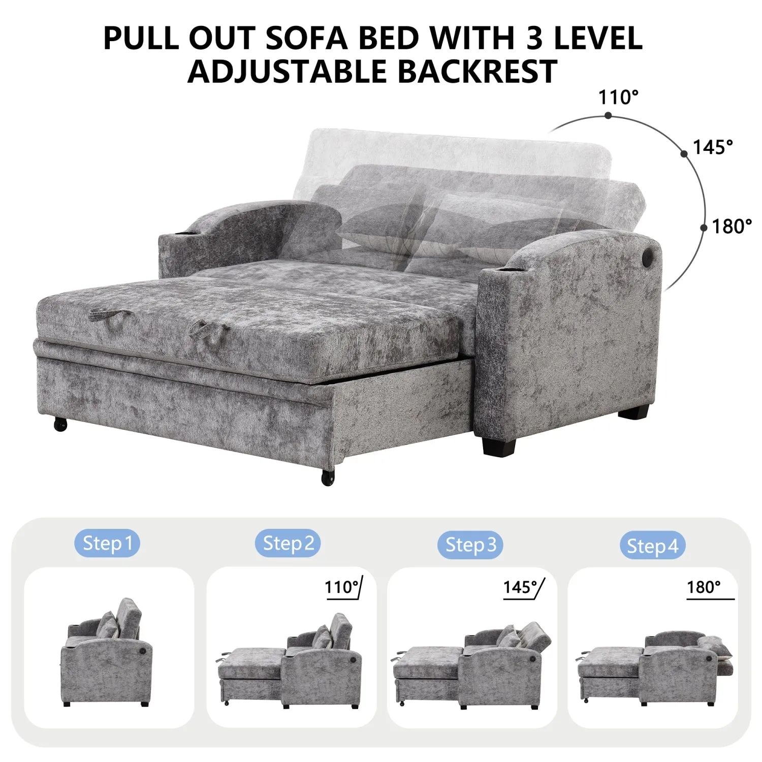 Streamdale 61.6" Pull Out Sofa Bed Loveseat with USB & Cup Holders