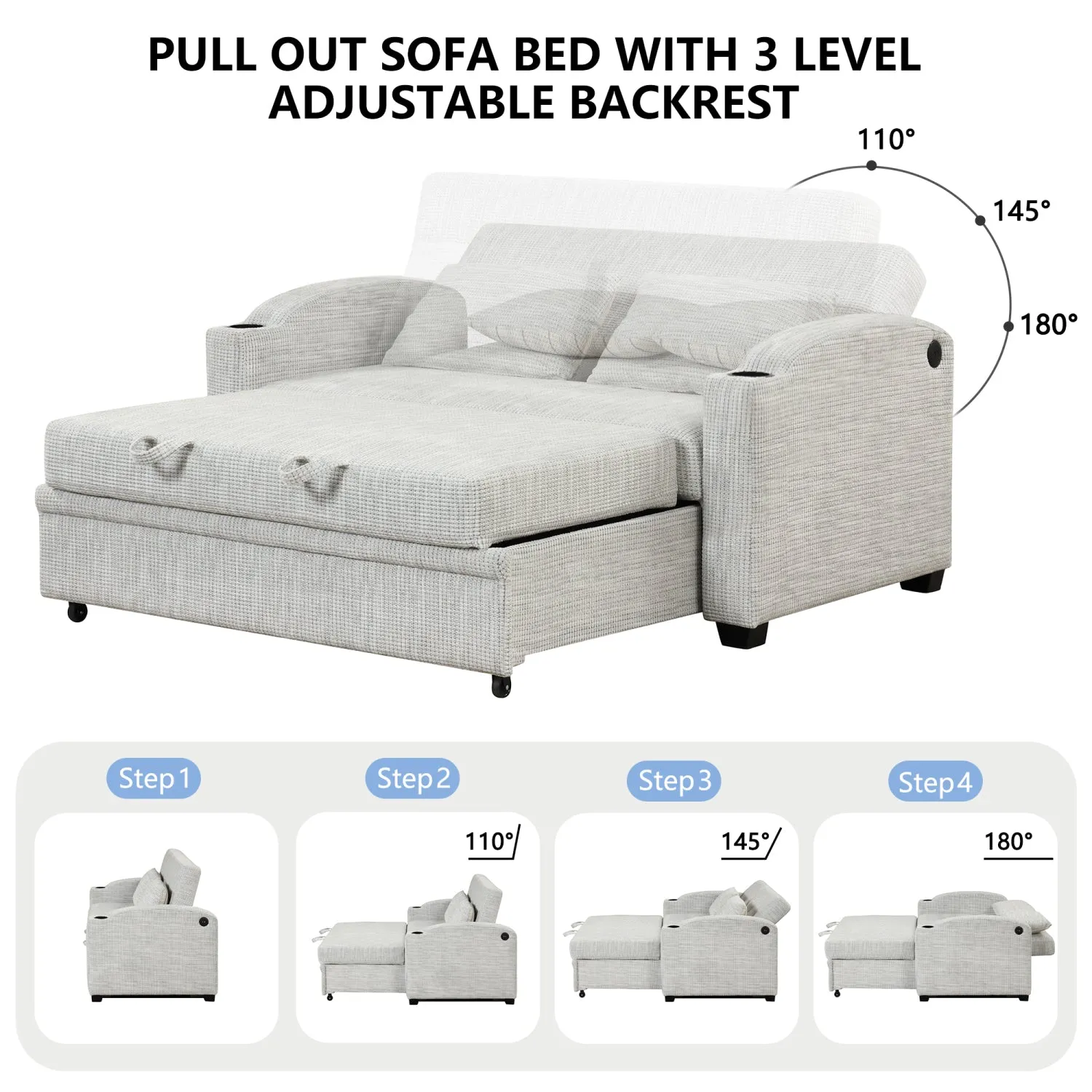 Streamdale 61.6" Pull Out Sofa Bed Loveseat with USB & Cup Holders