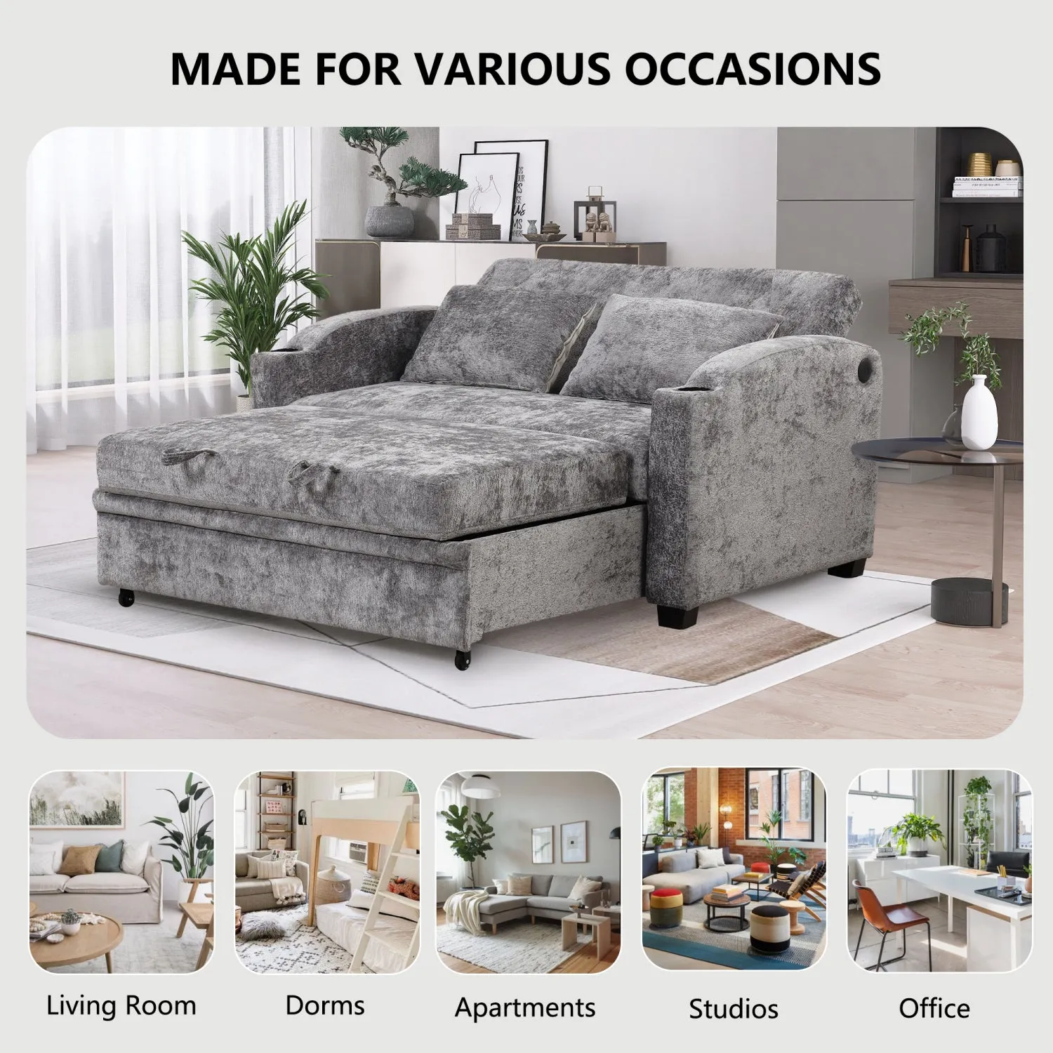 Streamdale 61.6" Pull Out Sofa Bed Loveseat with USB & Cup Holders