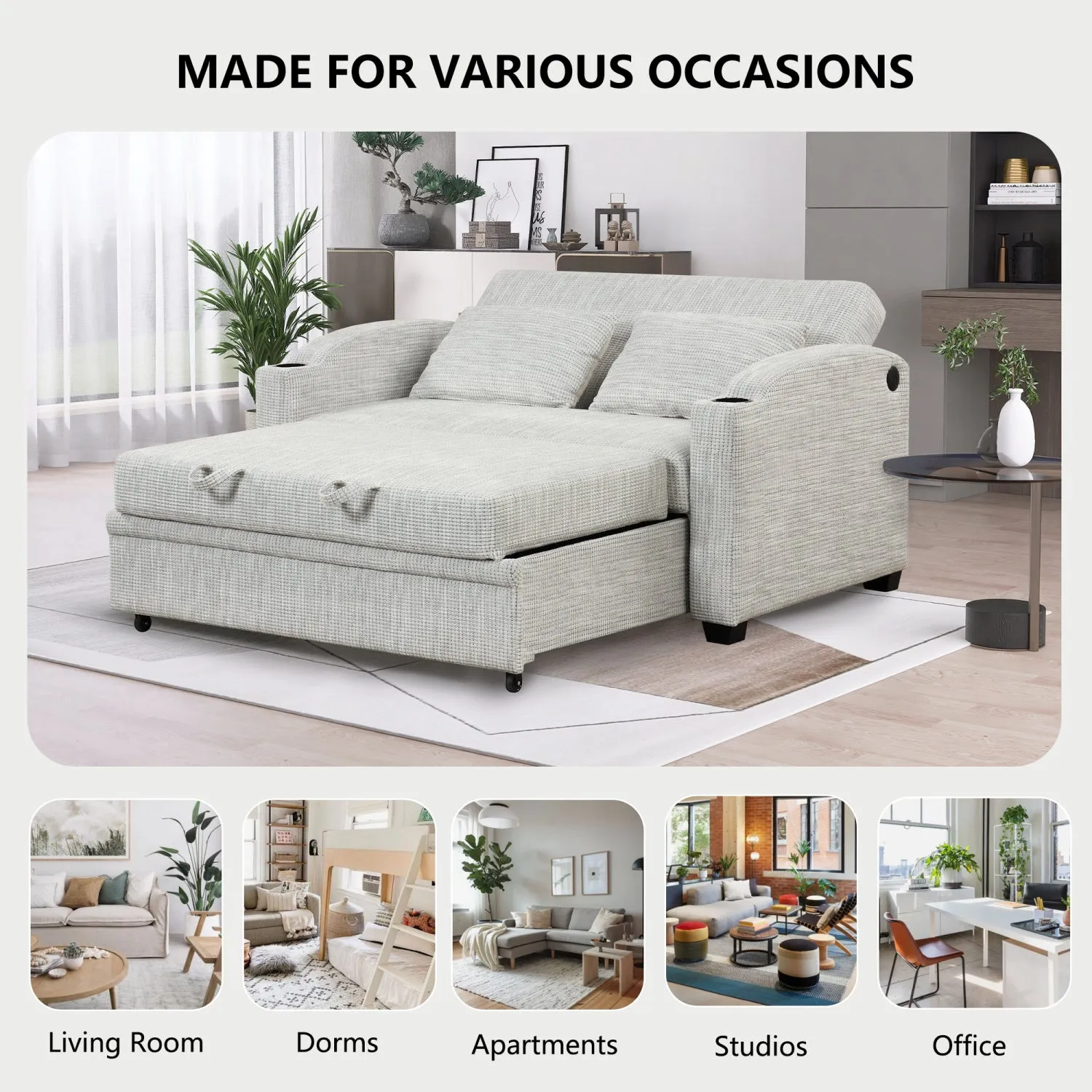 Streamdale 61.6" Pull Out Sofa Bed Loveseat with USB & Cup Holders