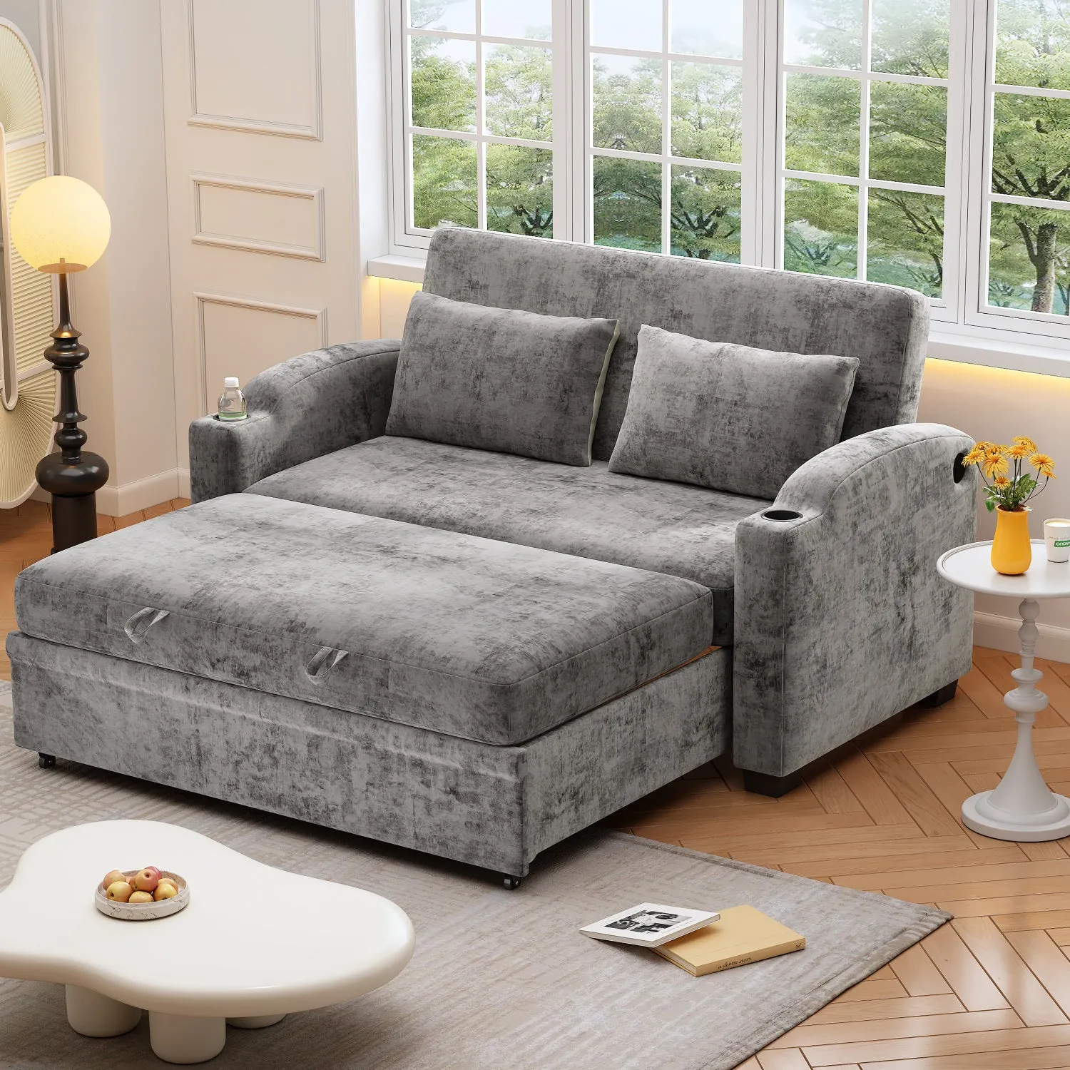 Streamdale 61.6" Pull Out Sofa Bed Loveseat with USB & Cup Holders