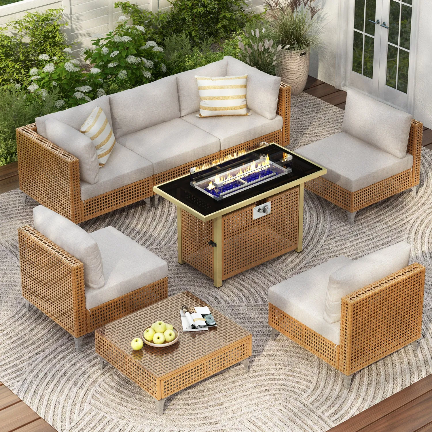 Streamdale 8-Piece Patio Set w/ 43" Fire Pit Table & Cushions