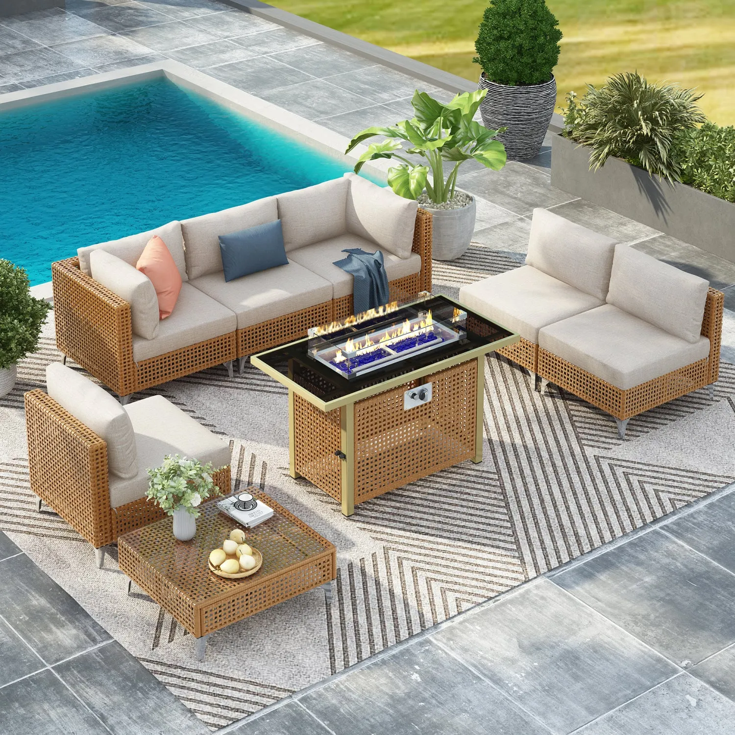 Streamdale 8-Piece Patio Set w/ 43" Fire Pit Table & Cushions