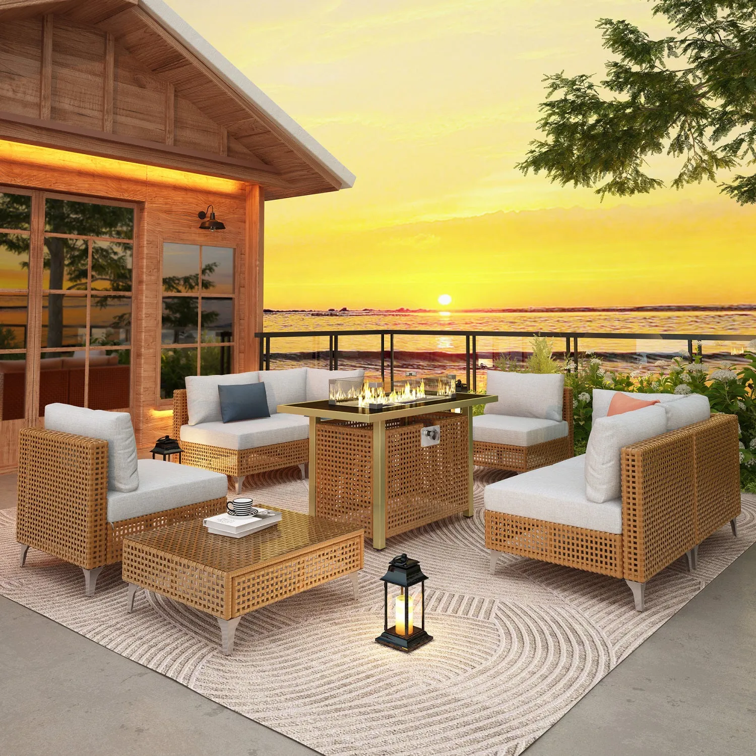Streamdale 8-Piece Patio Set w/ 43" Fire Pit Table & Cushions