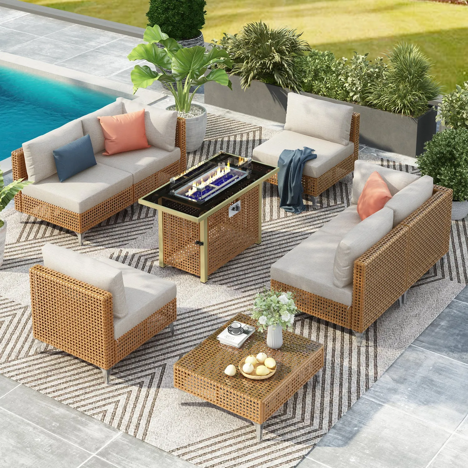 Streamdale 8-Piece Patio Set w/ 43" Fire Pit Table & Cushions