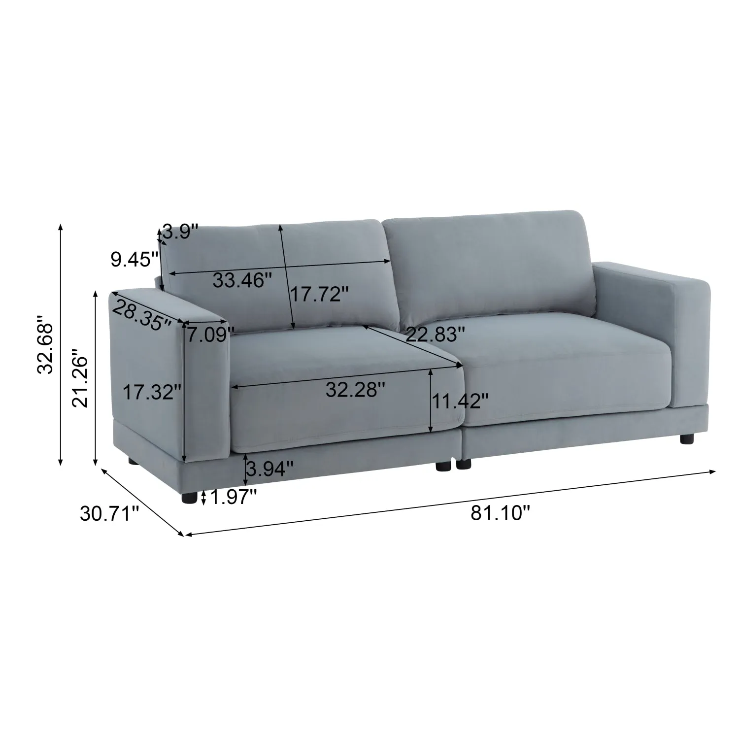 Streamdale 81" Velvet Sofa - Modern Square Arm, Deep Cushions