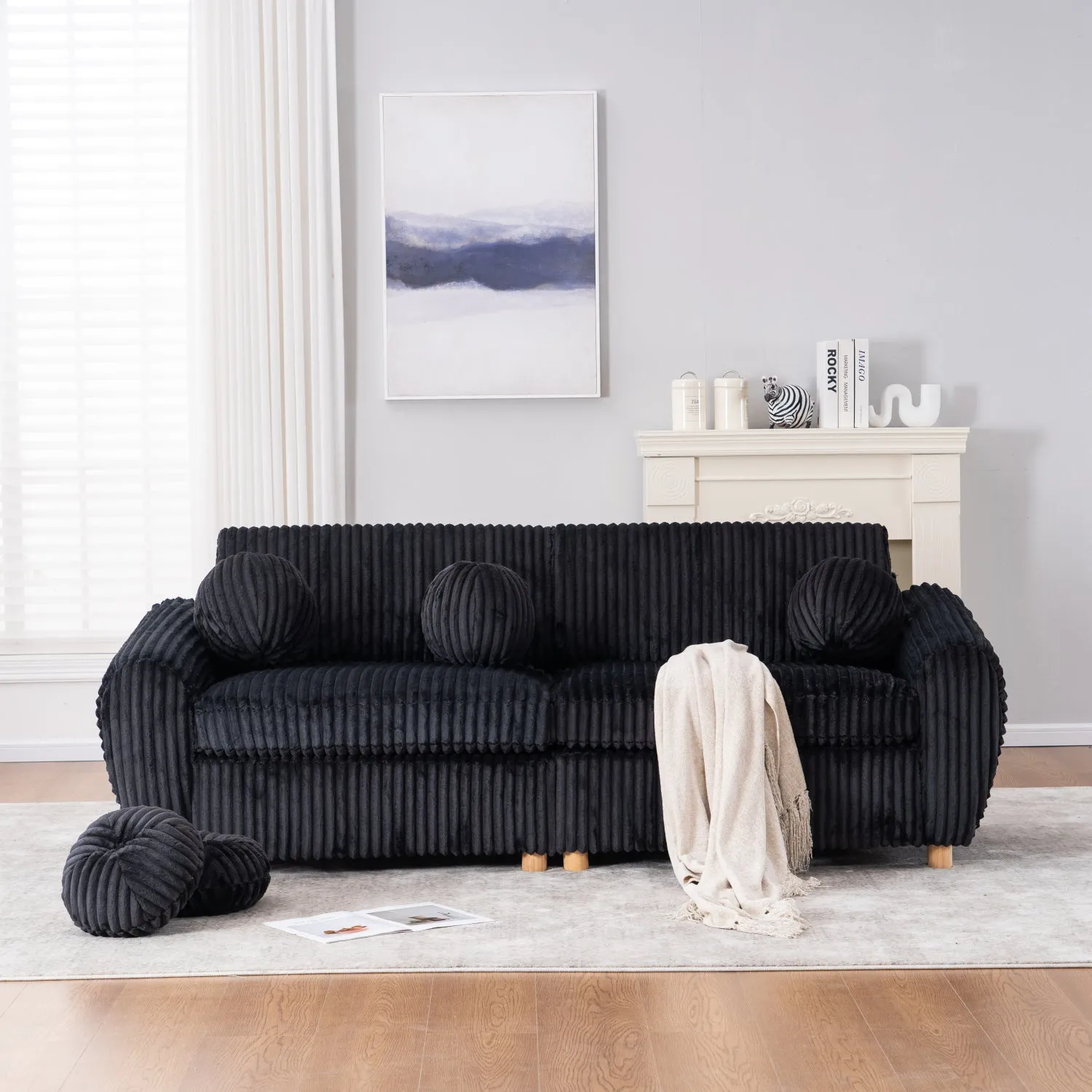 Streamdale 84" Black Corduroy Sofa Couch