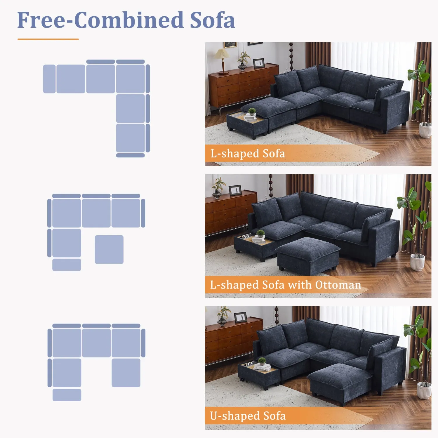 Streamdale 90" U-Shaped Sectional Sofa w/ Ottoman & Charging Table