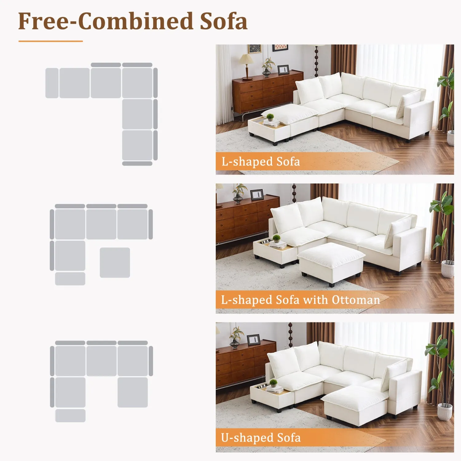 Streamdale 90" U-Shaped Sectional Sofa w/ Ottoman & Charging Table