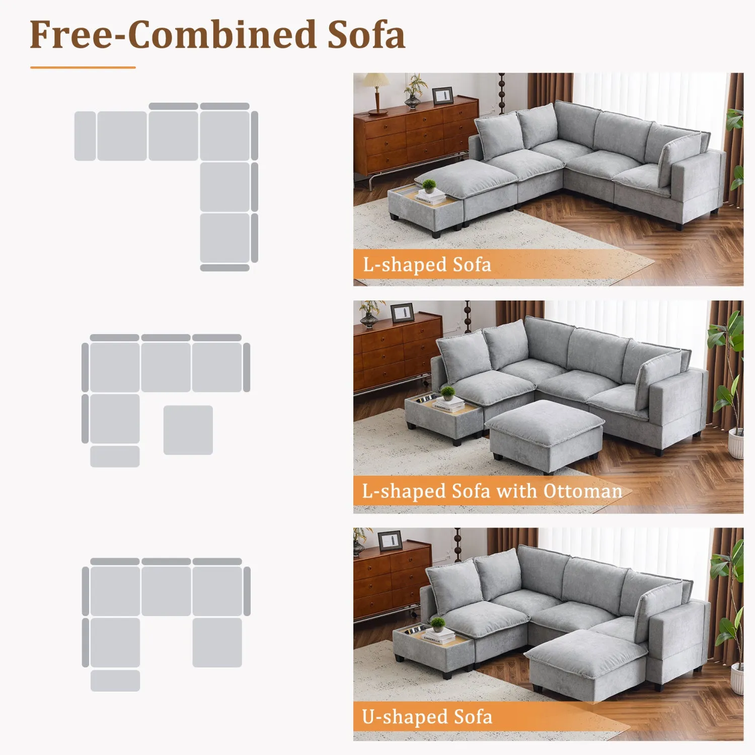 Streamdale 90" U-Shaped Sectional Sofa with Ottoman & Charging Coffee Table