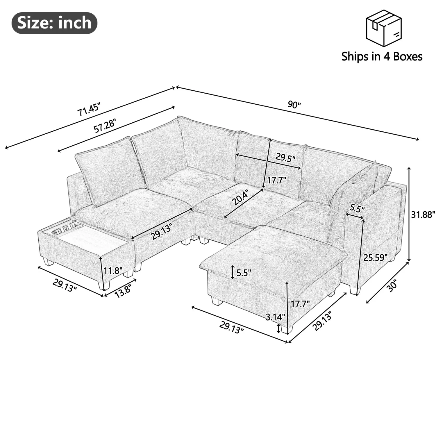 Streamdale 90" U-Shaped Sectional Sofa with Ottoman & Charging Coffee Table