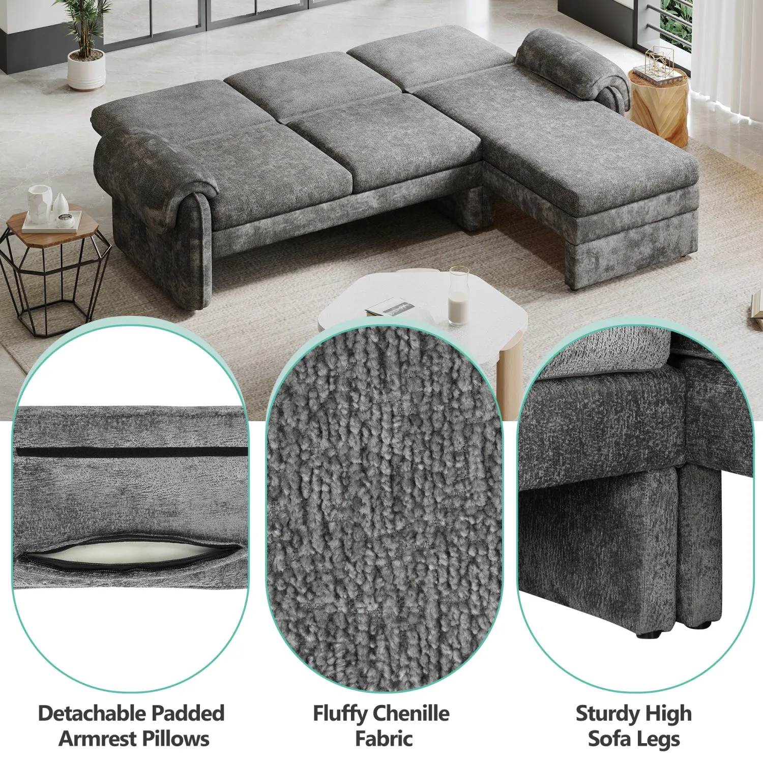 Streamdale 94" Convertible Futon Sofa Bed with Chaise & Pillows