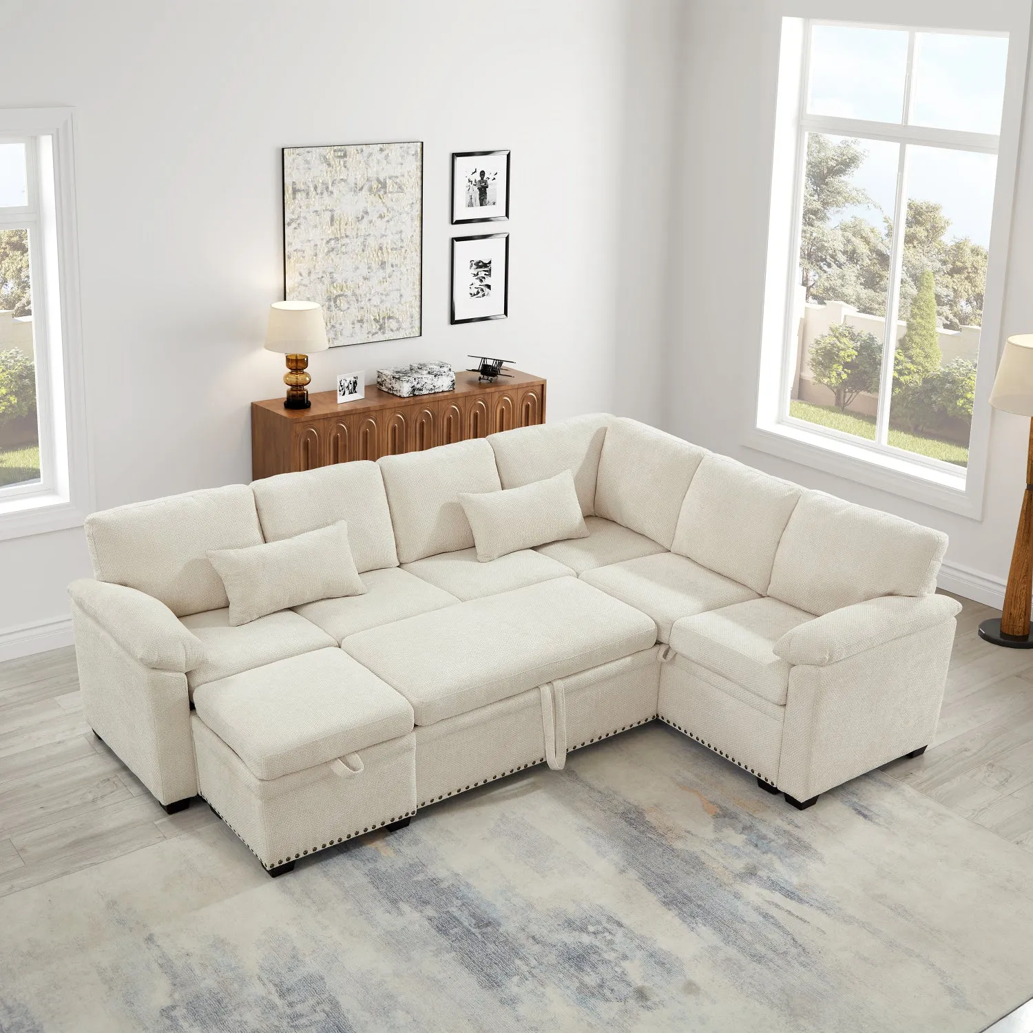 Streamdale 97" L-Shaped Chenille Sectional Sofa with Ottoman - Beige