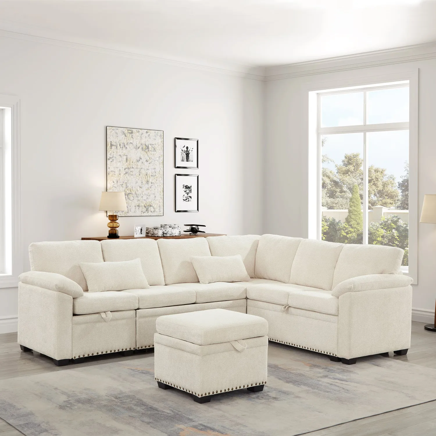 Streamdale 97" L-Shaped Chenille Sectional Sofa with Ottoman - Beige
