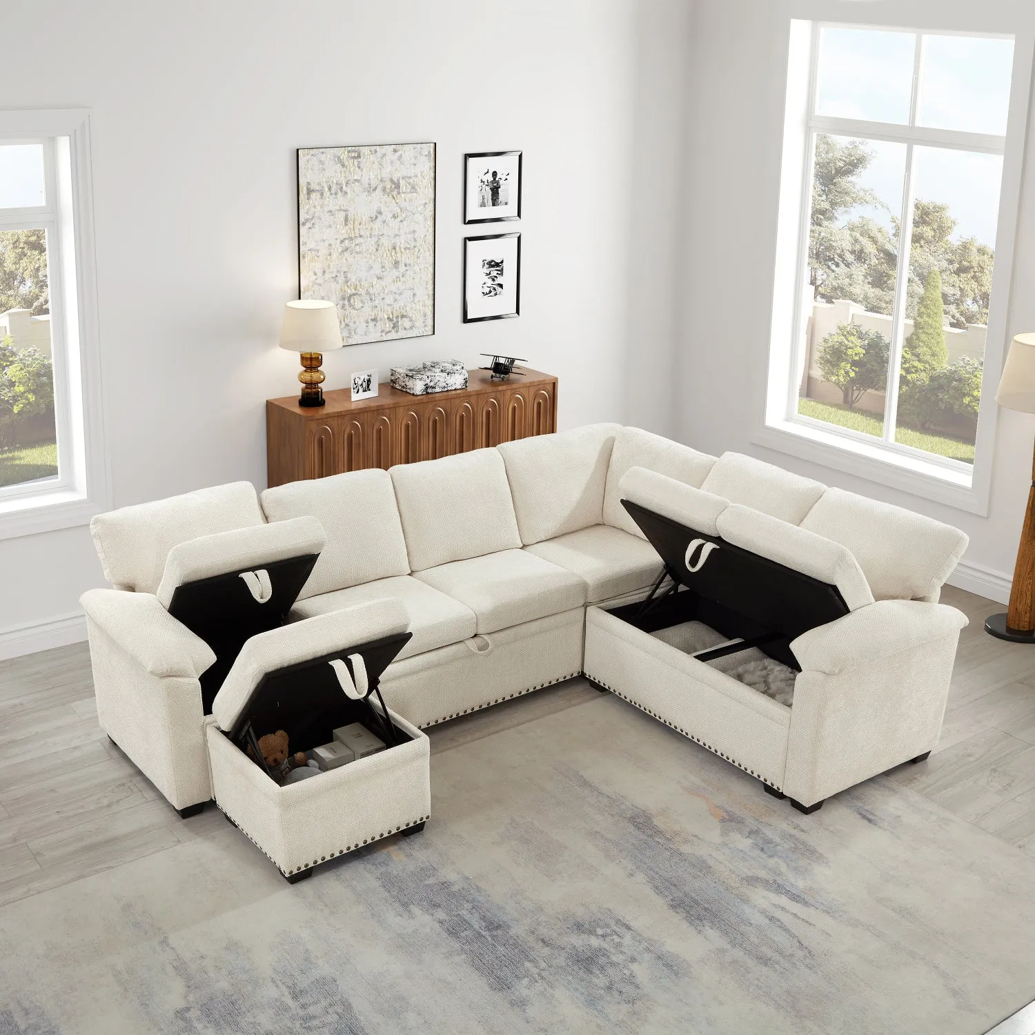 Streamdale 97" L-Shaped Chenille Sectional Sofa with Ottoman - Beige