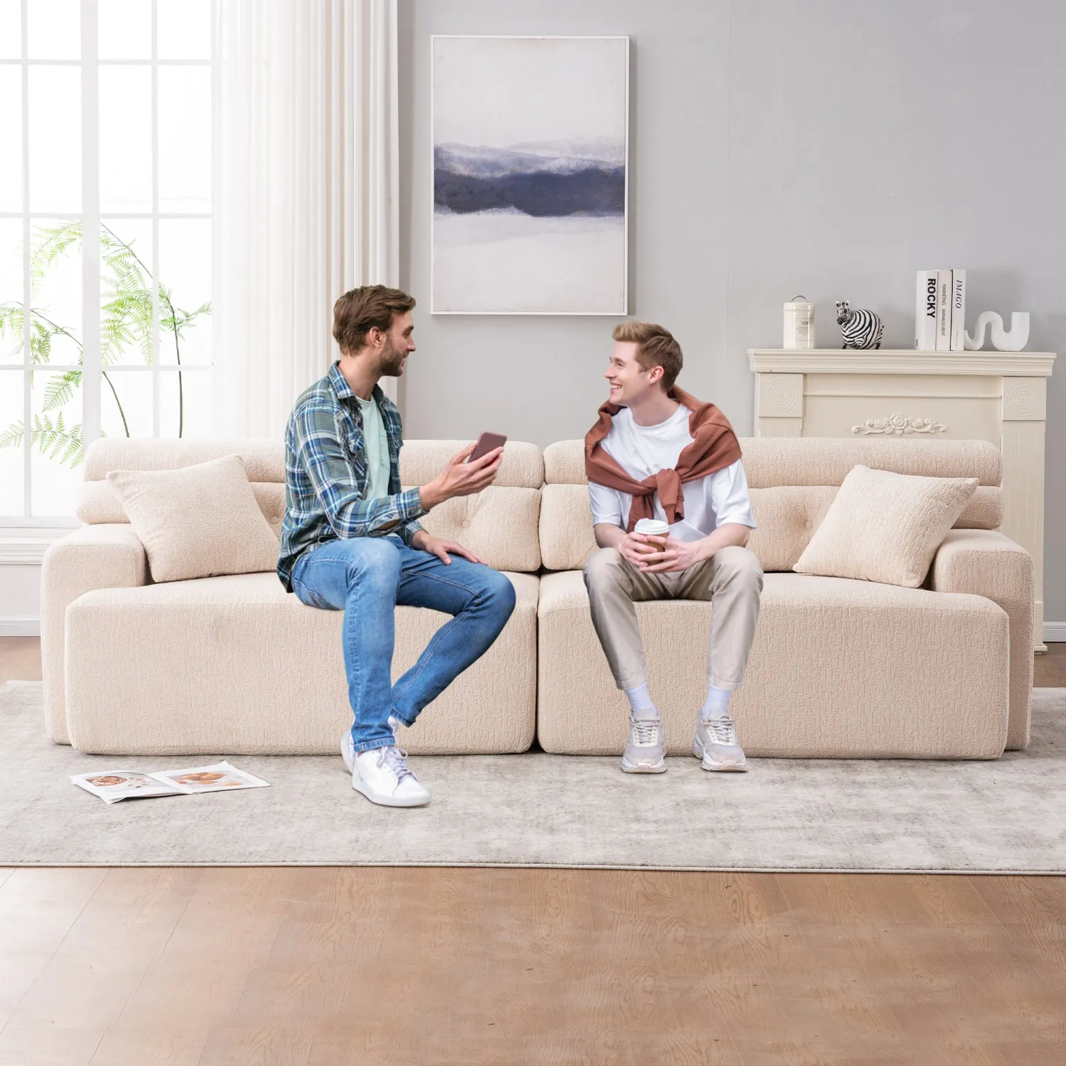 Streamdale Apricot Chenille 4-Seater Compression Sofa with Pillows