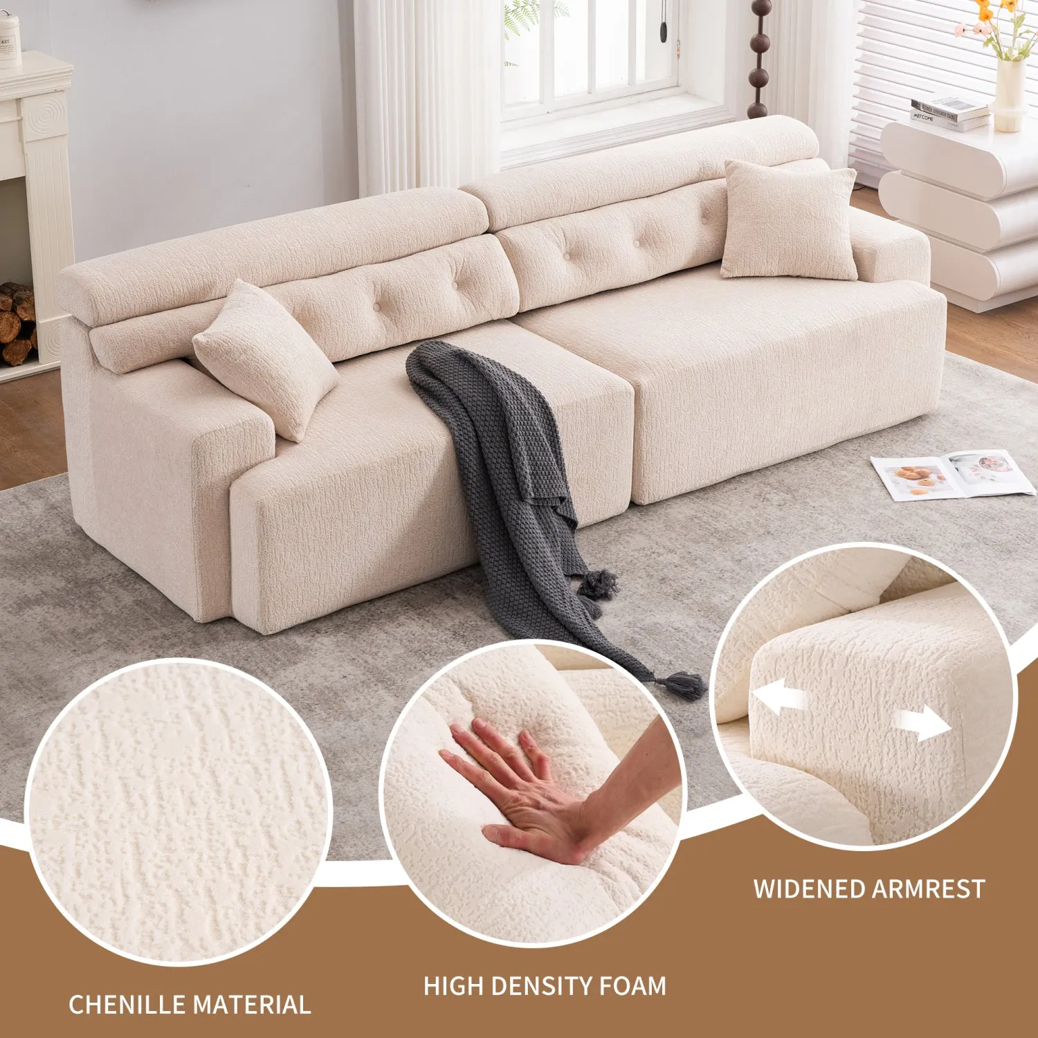 Streamdale Apricot Chenille 4-Seater Compression Sofa with Pillows