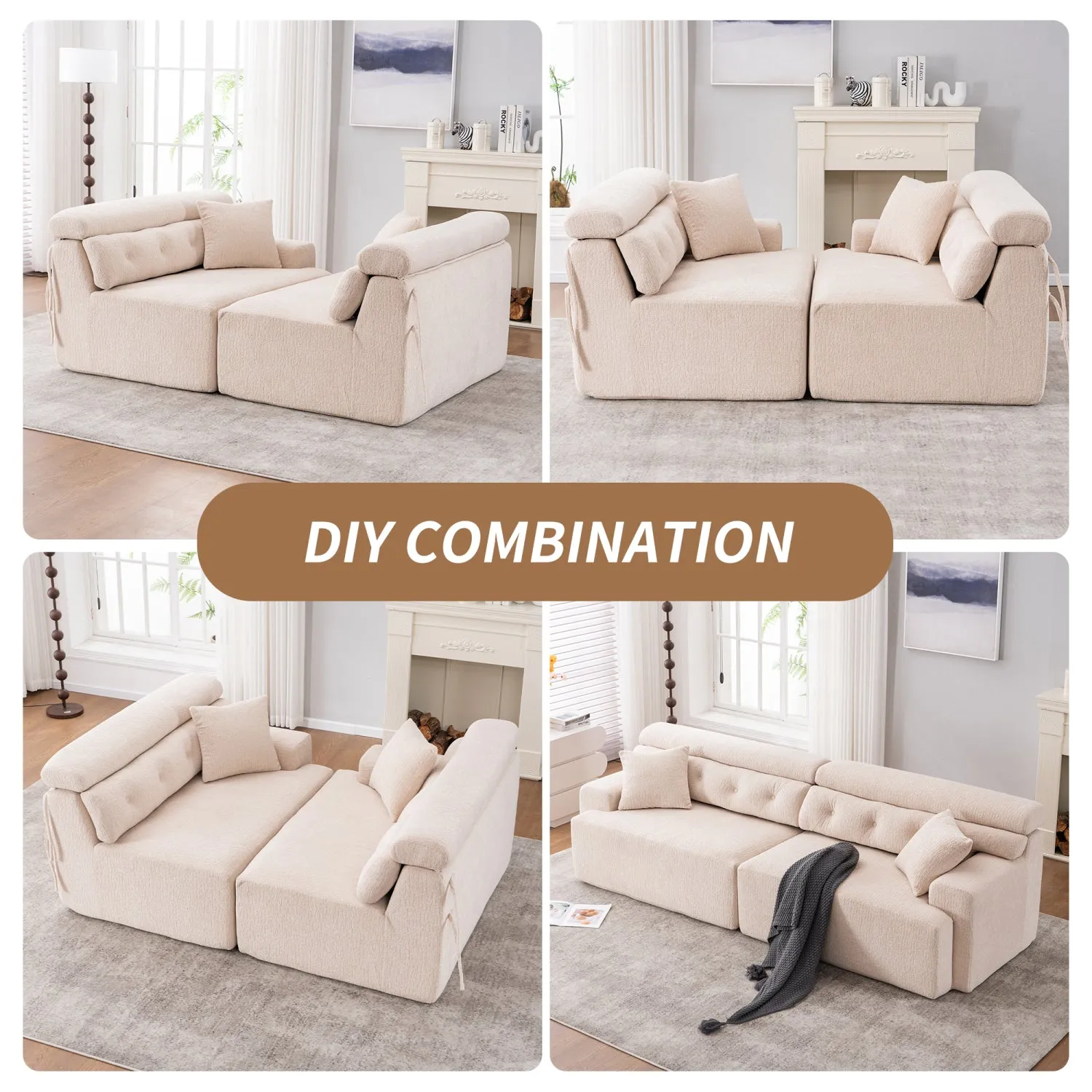 Streamdale Apricot Chenille 4-Seater Compression Sofa with Pillows