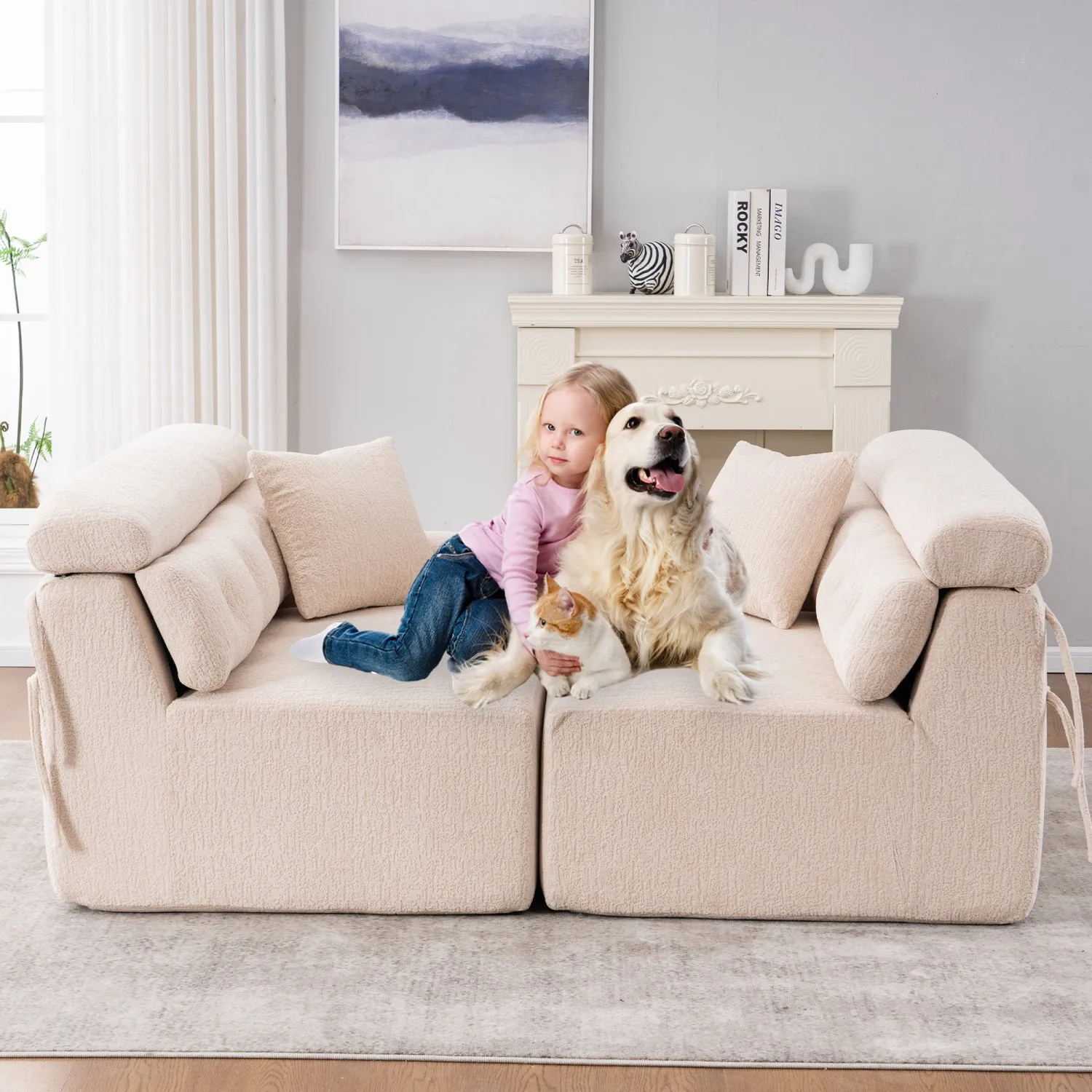 Streamdale Apricot Chenille 4-Seater Compression Sofa with Pillows
