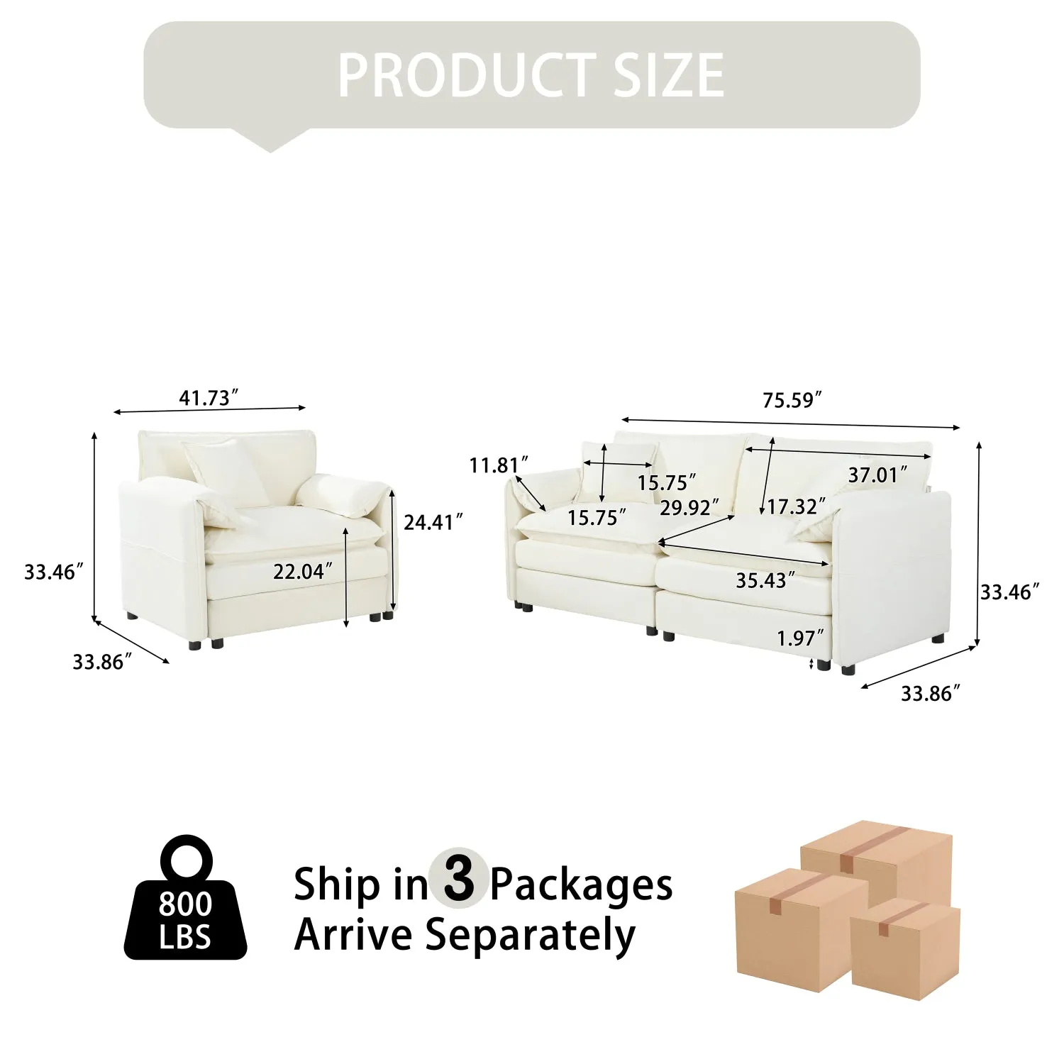 Streamdale Beige Chenille Loveseat & Armchair Set with Pillows